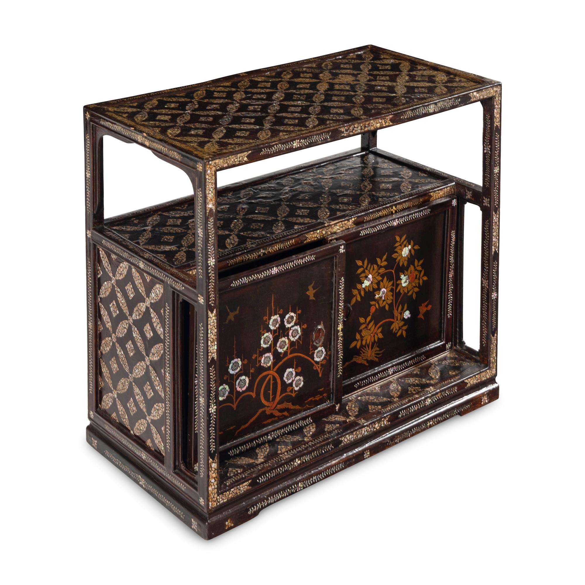 A Japanese Lacquered and Mother-of-Pearl-Inset Tea Ceremony Shelf, 19th Century — 十九世紀 日本黑漆彩繪嵌螺鈿茶道具博古架