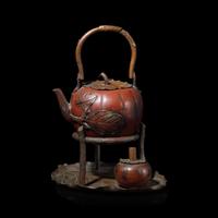A Japanese Patinated Metal Kettle, Burner and Stand, Meiji/Taisho Period — 日本明治-大正時期 銅壺