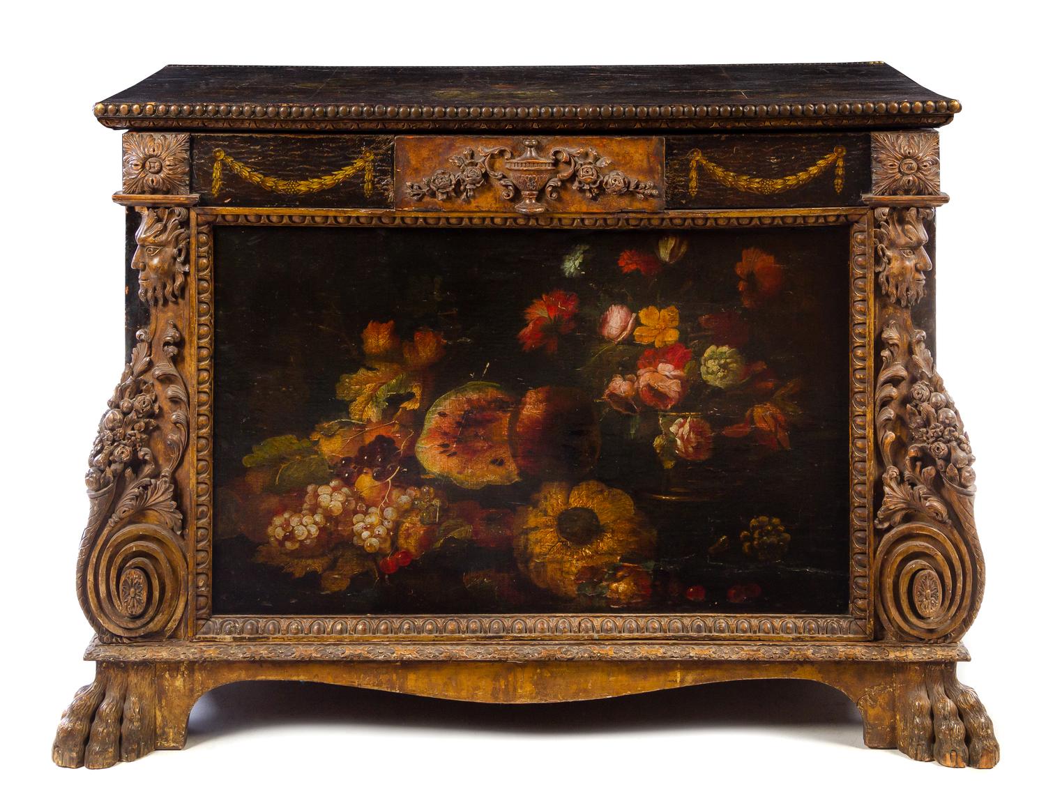 A Spanish Painted and Parcel Gilt Leather Mounted Chest Height 42 1/4 x width 56 1/2 x depth 26 inches. — 18TH/19TH CENTURY
