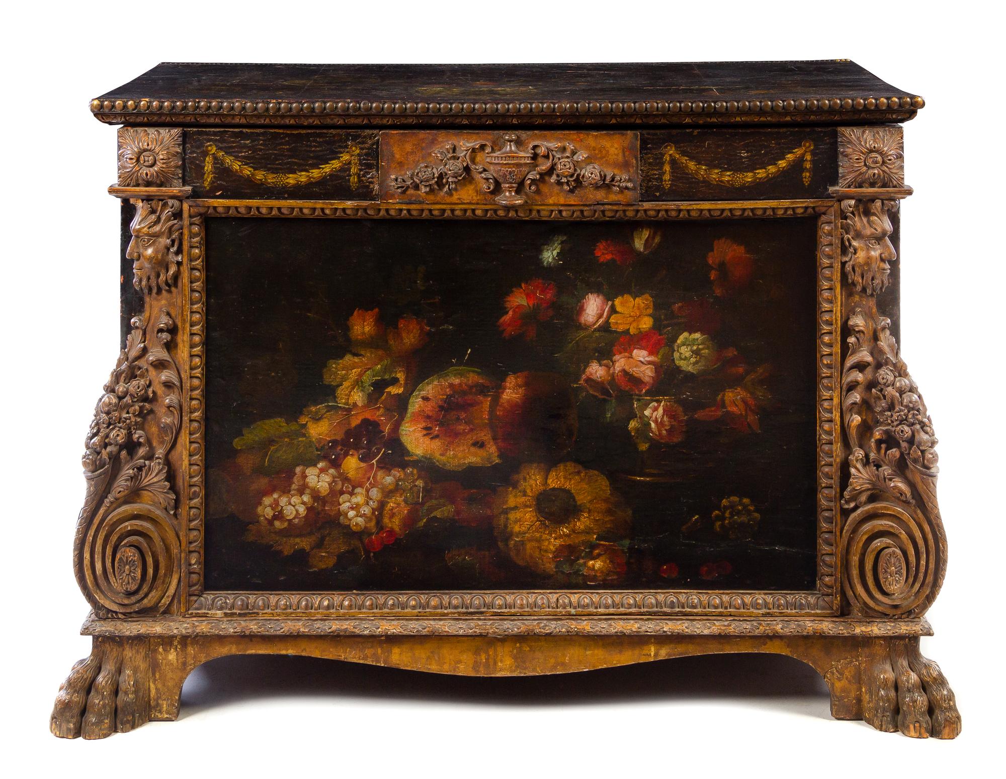 A Spanish Painted and Parcel Gilt Leather Mounted Chest Height 42 1/4 x width 56 1/2 x depth 26 inches. — 18TH/19TH CENTURY