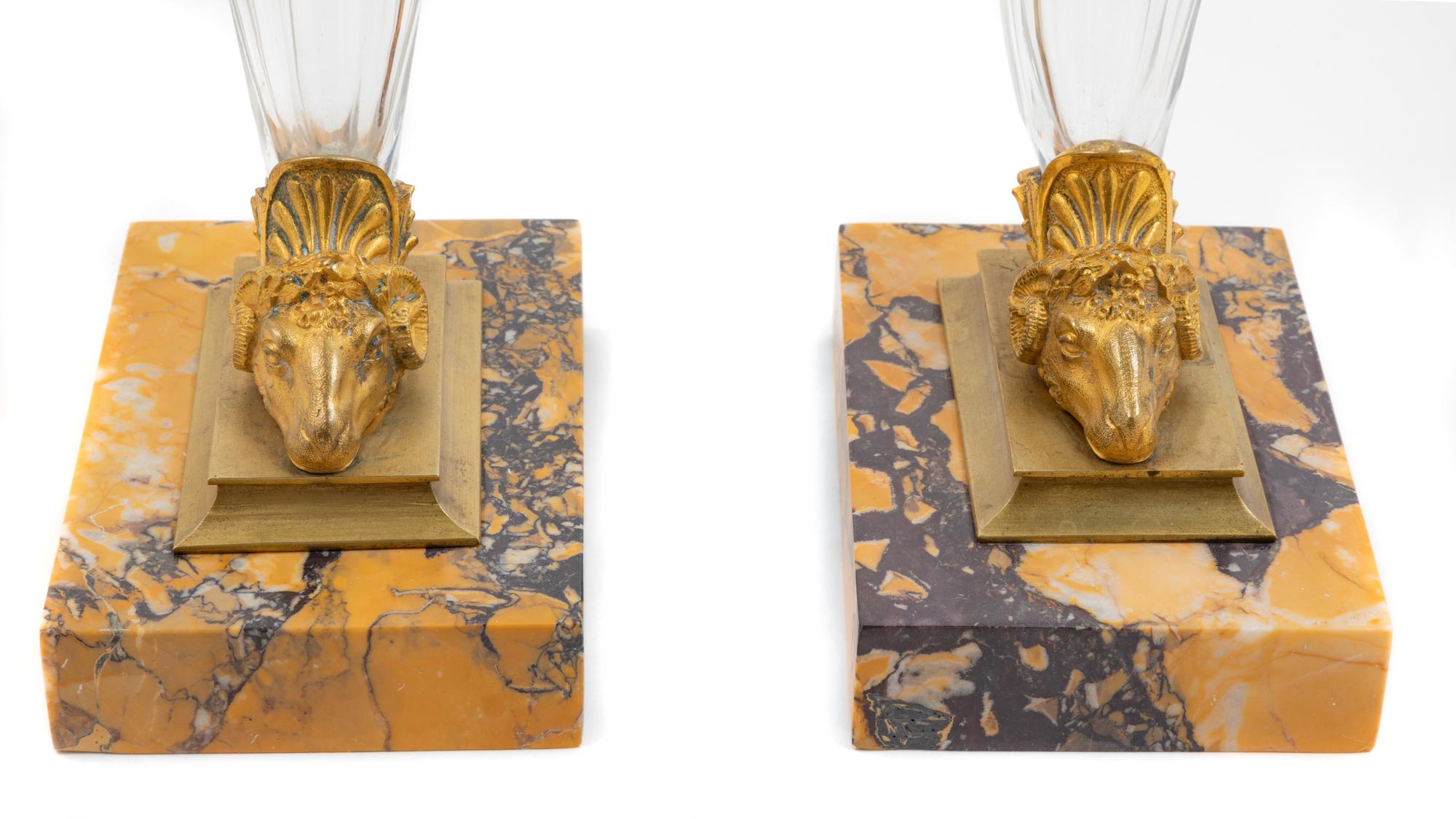 A Pair of Gilt Bronze, Glass and Marble Ram's Head Ornaments Height 9 3/8 inches. — LATE 19TH/EARLY 20TH CENTURY