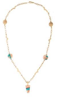 14k Gold Tufa Cast Necklace, with Turquoise, Coral, Opal, and Sugilite Lot is located and will ship from Denver, Colorado.