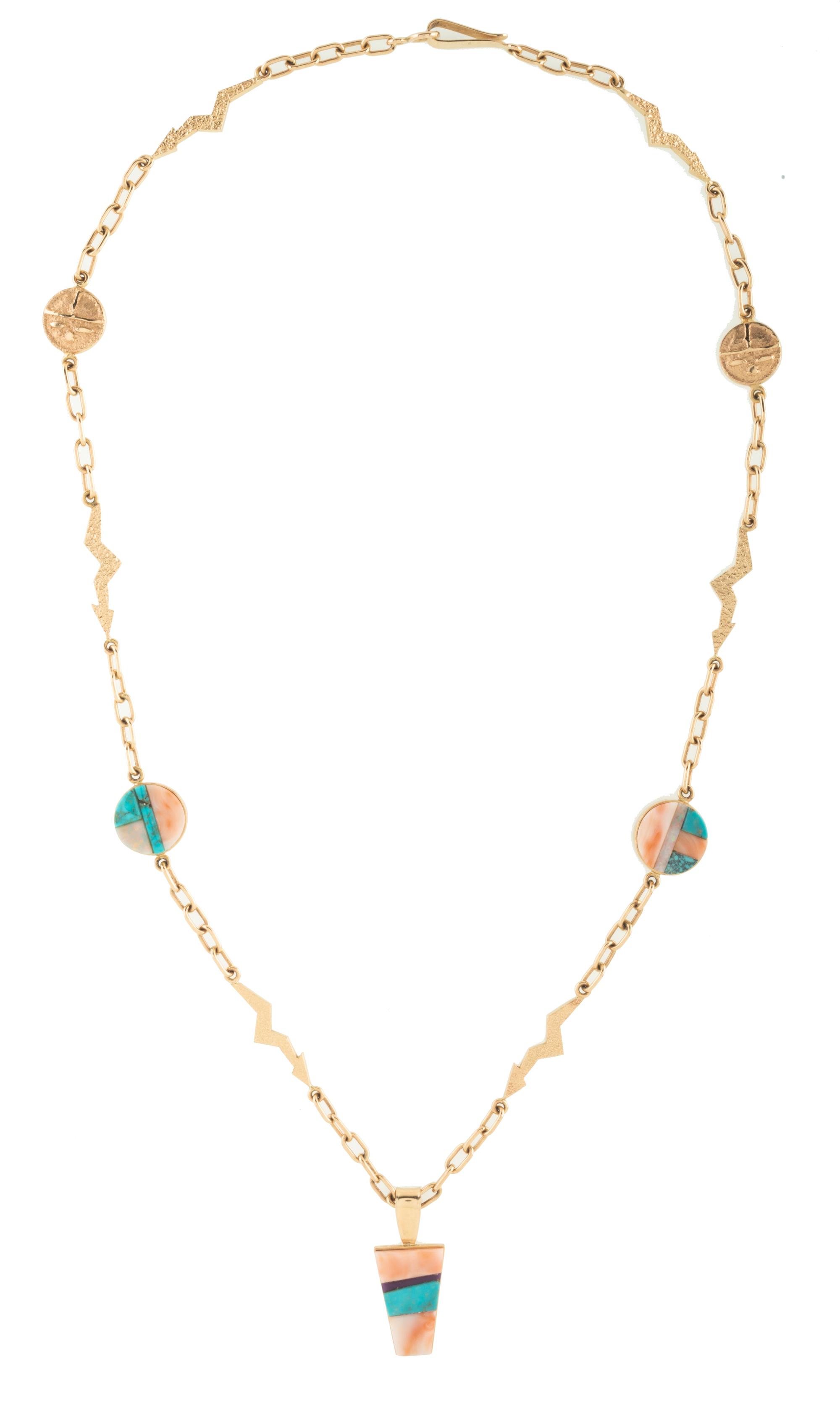 14k Gold Tufa Cast Necklace, with Turquoise, Coral, Opal, and Sugilite Lot is located and will ship from Denver, Colorado.