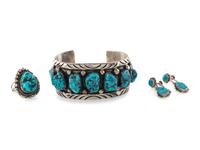 Navajo and Zuni Silver and Turquoise Cuff Bracelet, Ring, AND Earrings