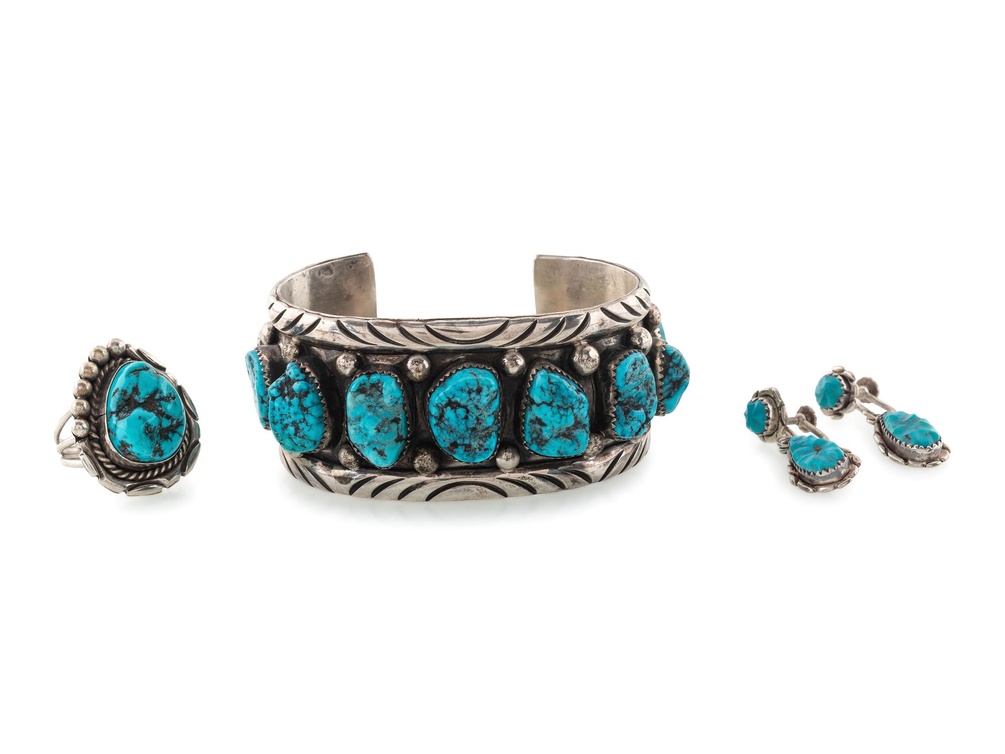 Navajo and Zuni Silver and Turquoise Cuff Bracelet, Ring, AND Earrings