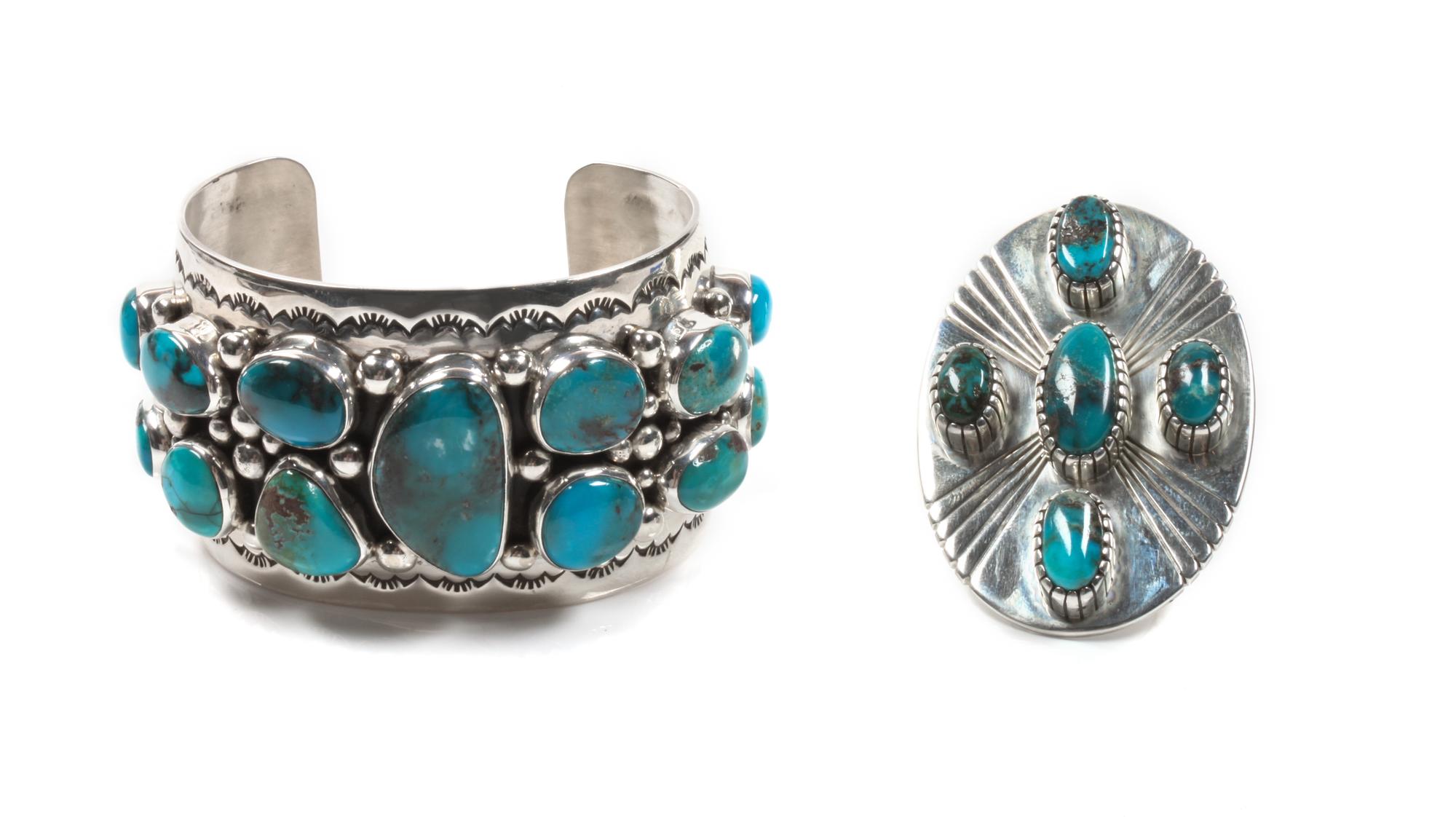 Edison Begay (Dine, b. 1954) Silver and Turquoise Cuff Bracelet and Ring Length of bracelet 6 x opening 1 1/4 x width 1 5/8 inches