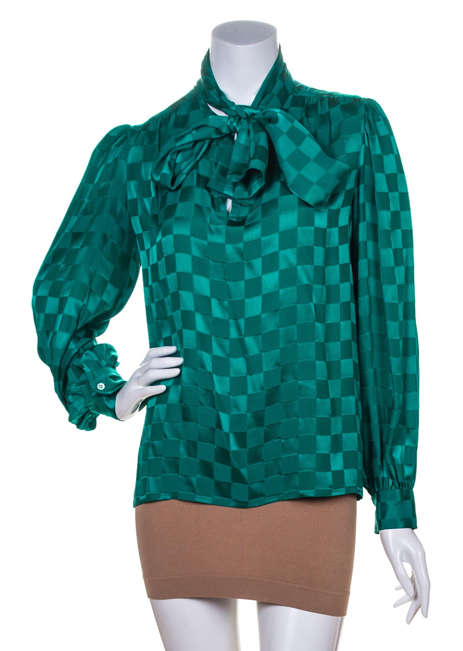 An Yves Saint Laurent Green Silk Checkered Blouse, Size 38.
