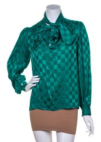 An Yves Saint Laurent Green Silk Checkered Blouse, Size 38.