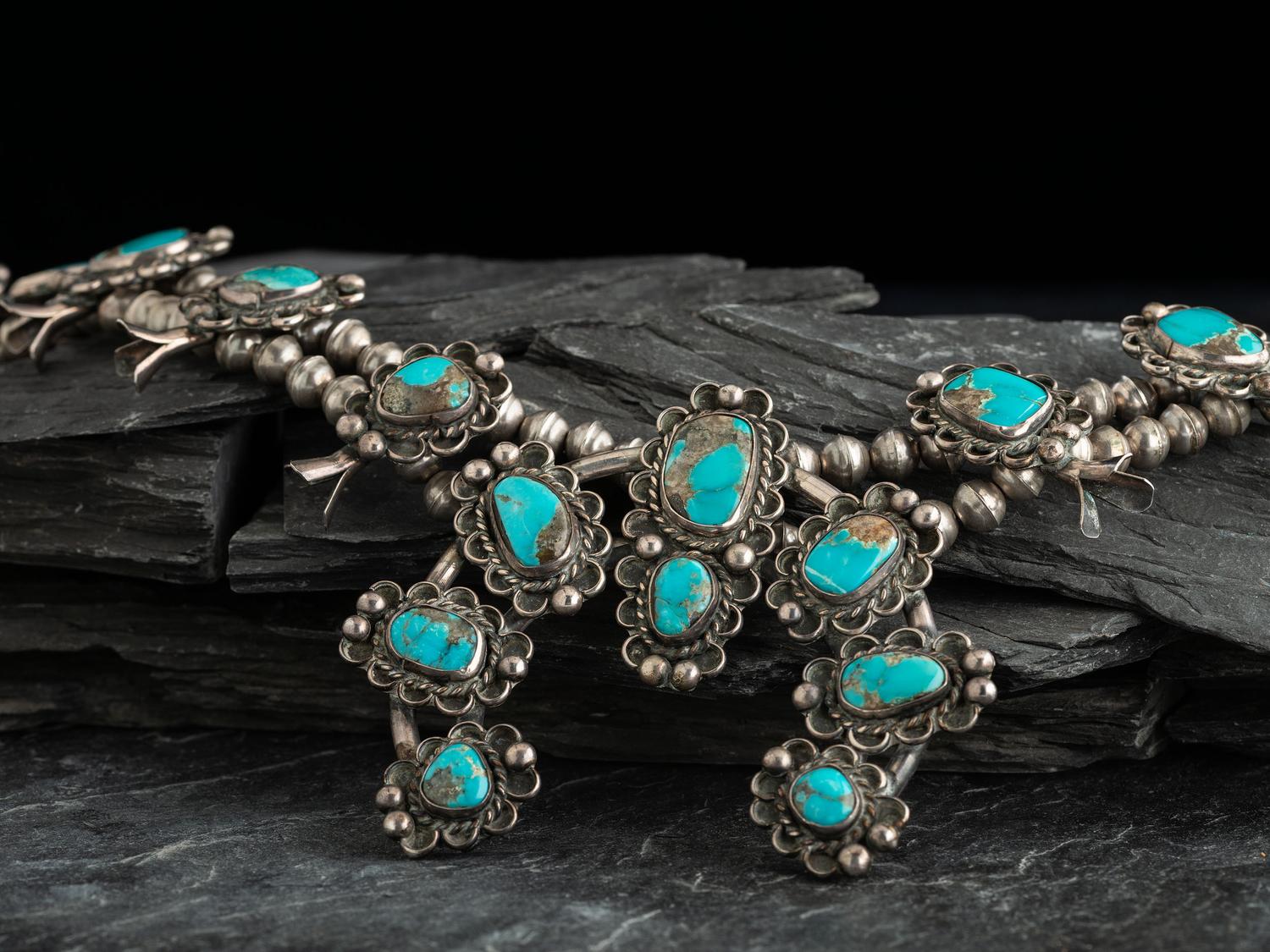 Navajo Silver and Turquoise Squash Blossom Necklace