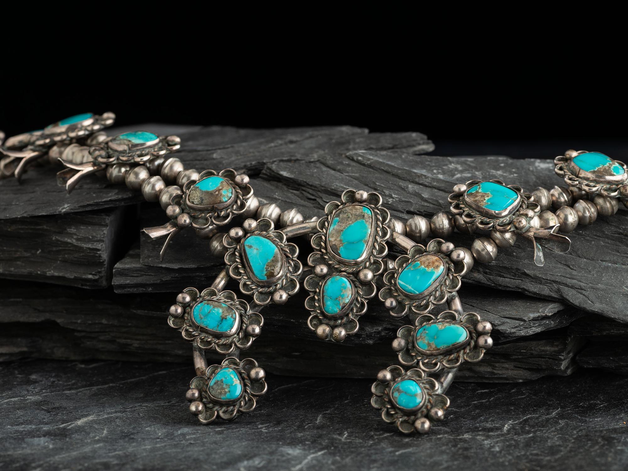 Navajo Silver and Turquoise Squash Blossom Necklace