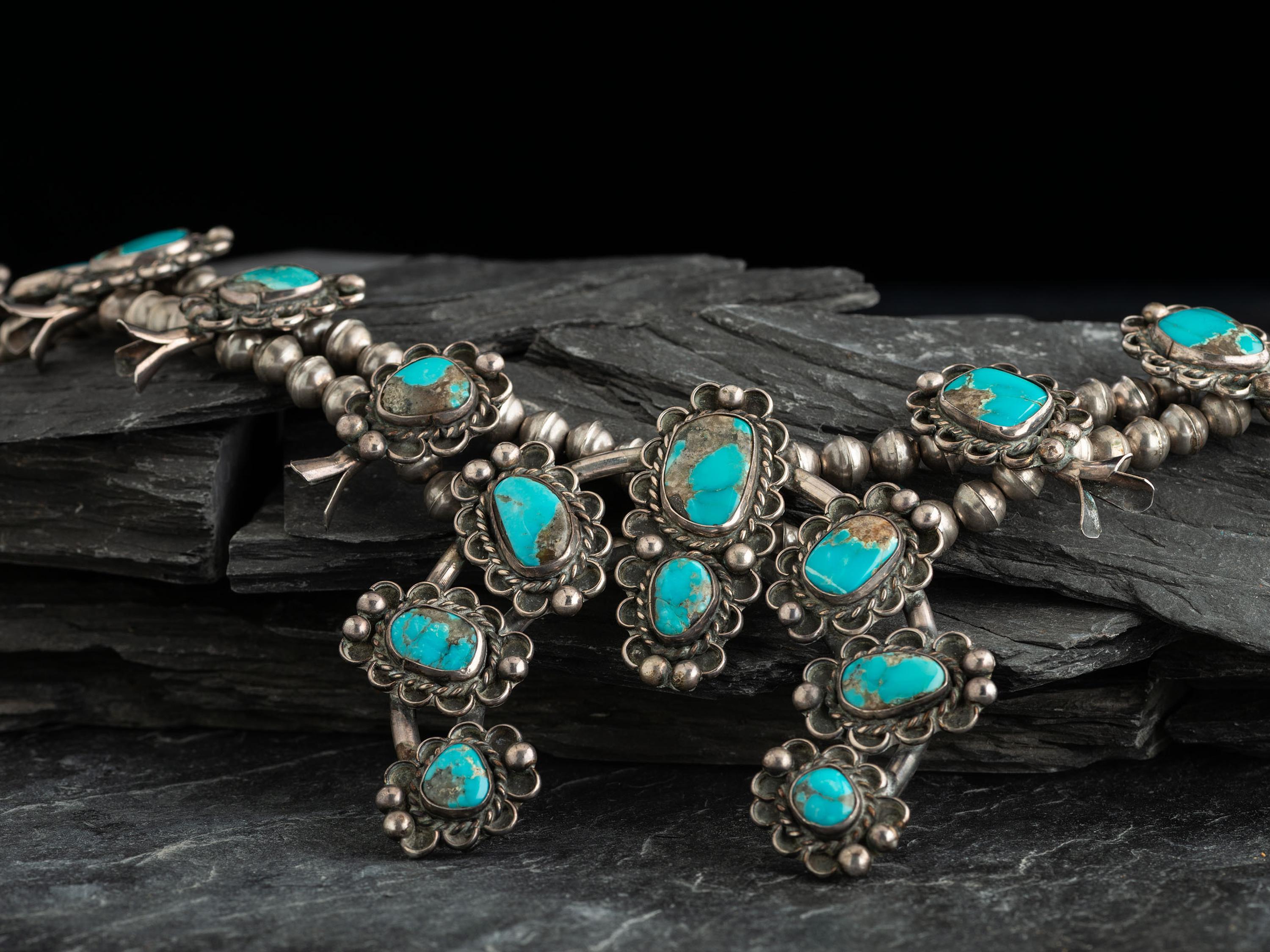 Navajo Silver and Turquoise Squash Blossom Necklace