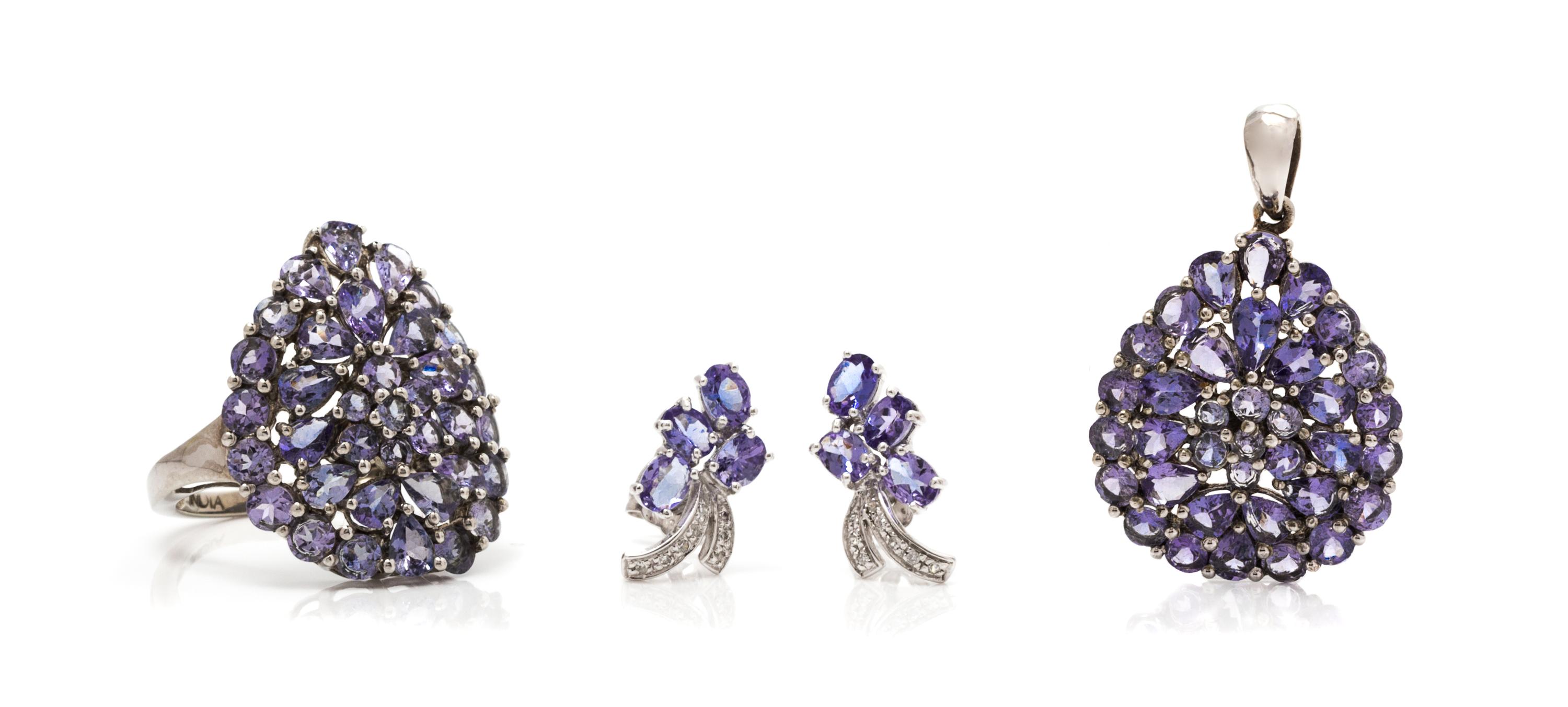 A Collection of 10 Karat White Gold, Tanzanite and Diamond Jewelry, 6.50 dwts