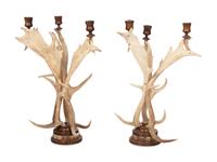 A Pair of Antler Mounted Three-Light Candelabra
