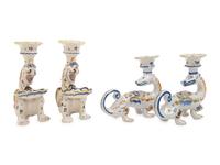 Two Pairs of French Faience 'Dragon' Candlesticks