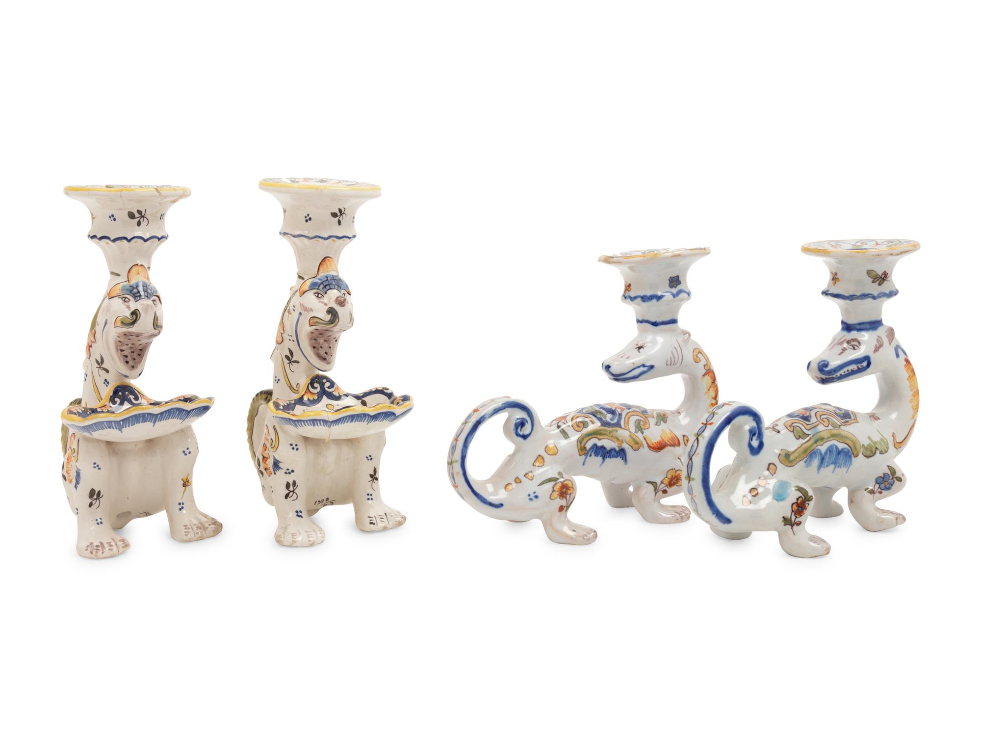 Two Pairs of French Faience 'Dragon' Candlesticks