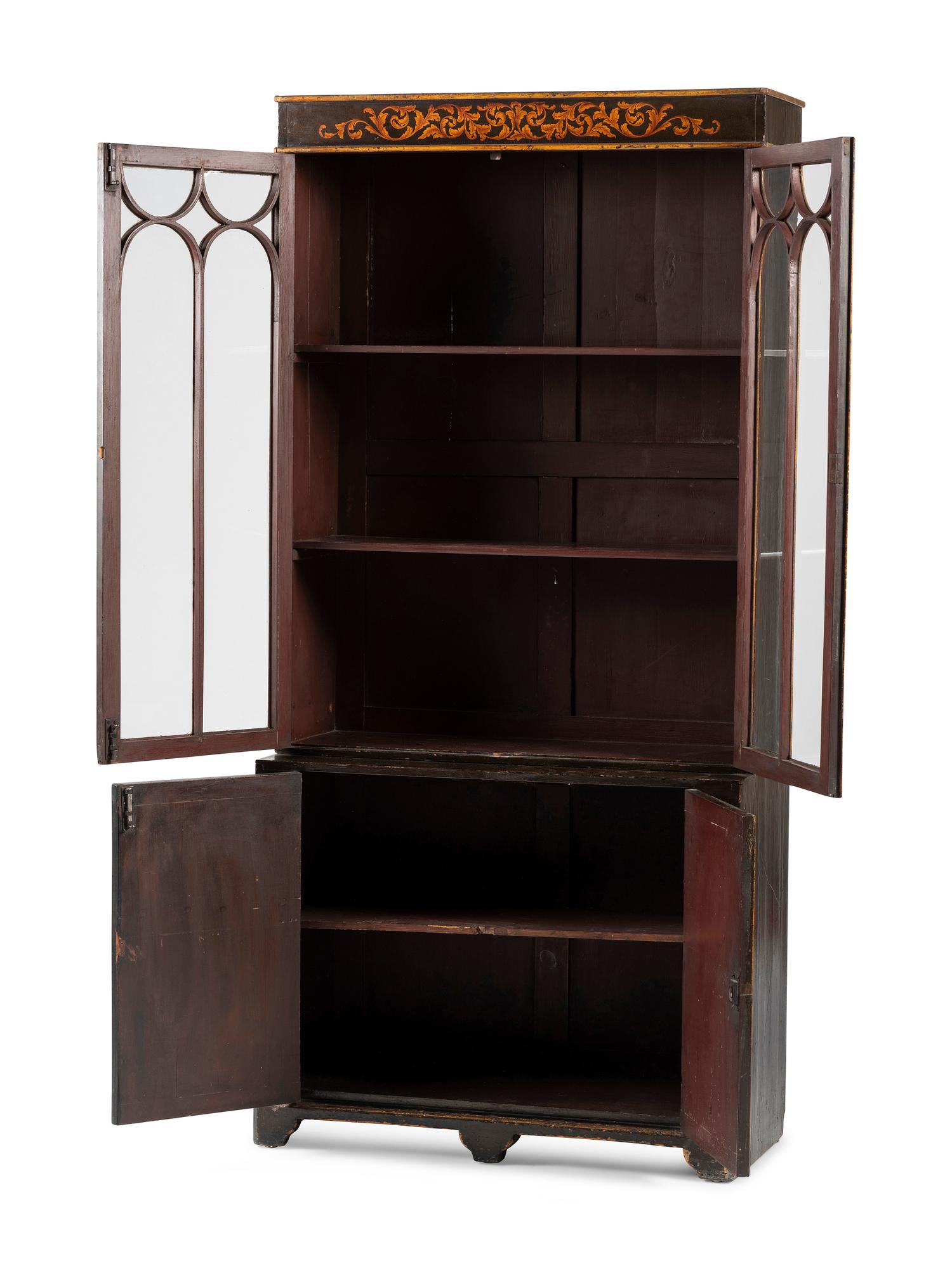 A Regency Black Lacquered and Parcel Gilt Vernis Martin Decorated Step-Back Cabinet