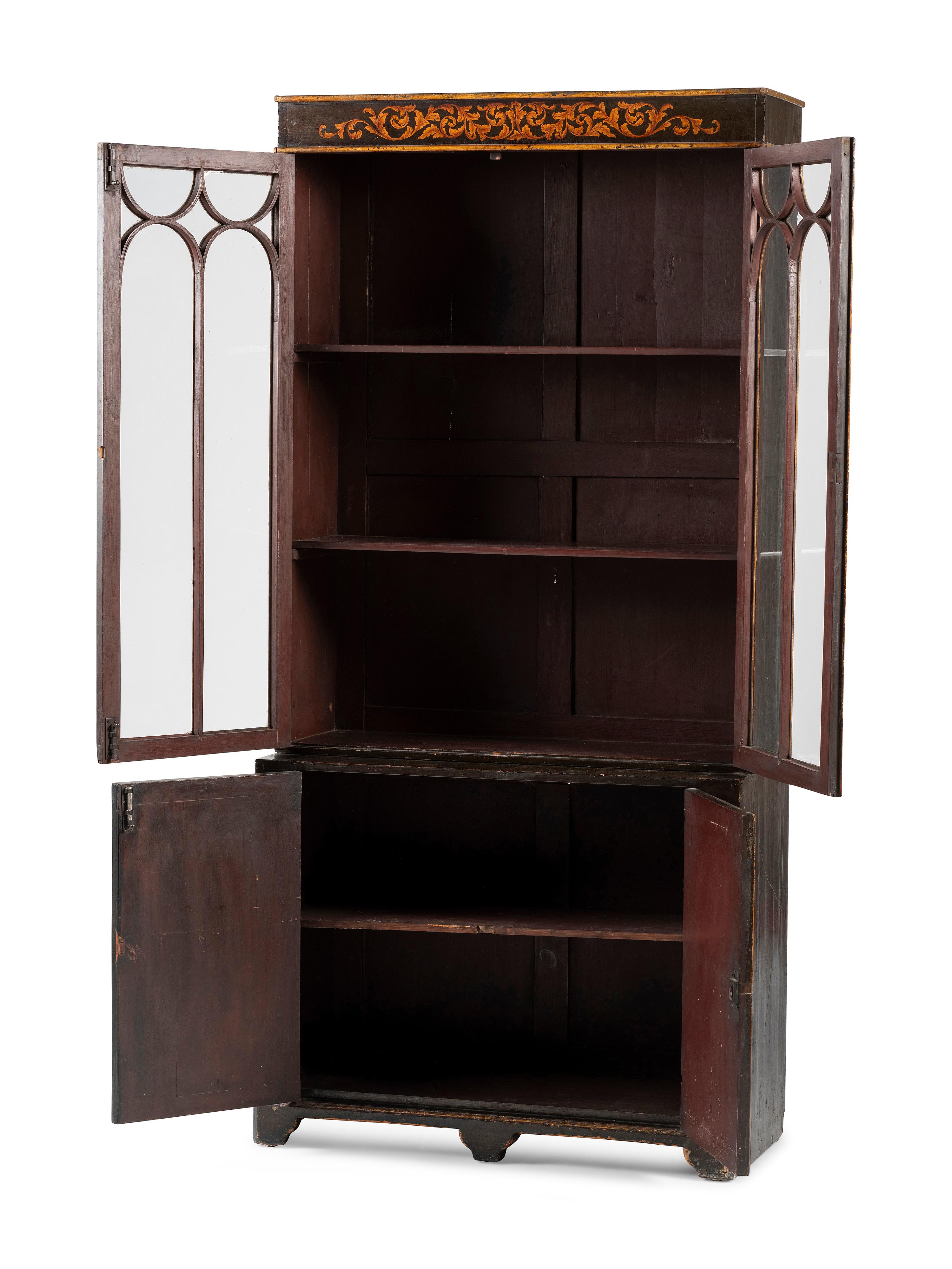 A Regency Black Lacquered and Parcel Gilt Vernis Martin Decorated Step-Back Cabinet