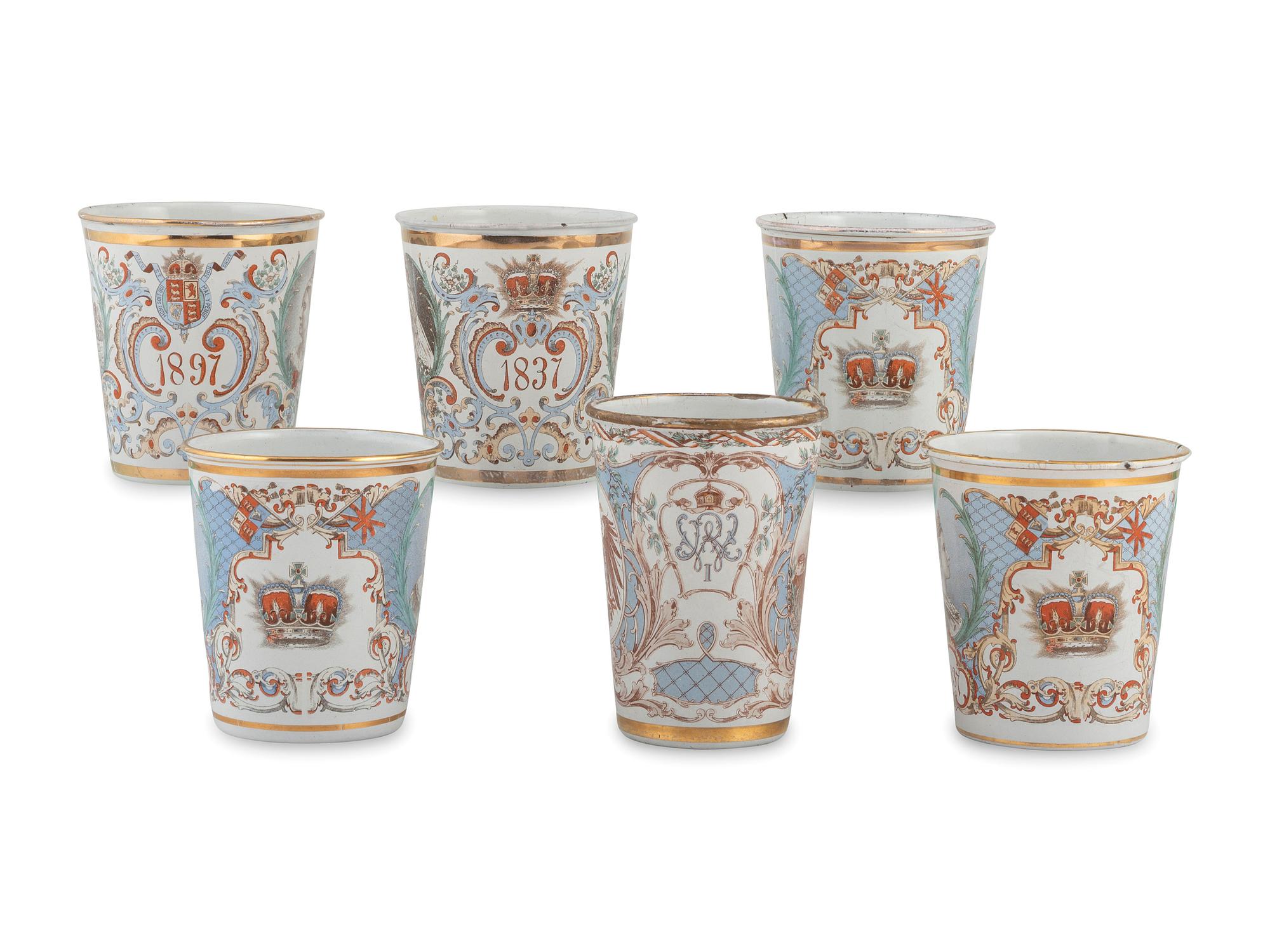 Six Tin Enameled Commemorative Beakers