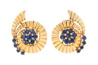 A Pair of Retro Yellow Gold and Sapphire Spiral Ear Clips 5.60 dwts.