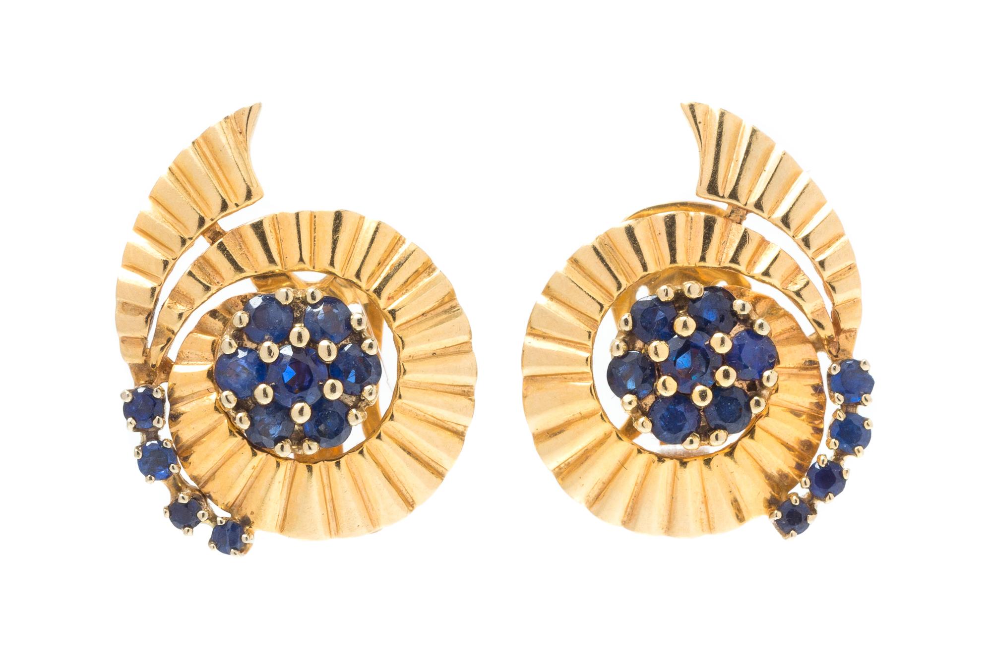 A Pair of Retro Yellow Gold and Sapphire Spiral Ear Clips 5.60 dwts.
