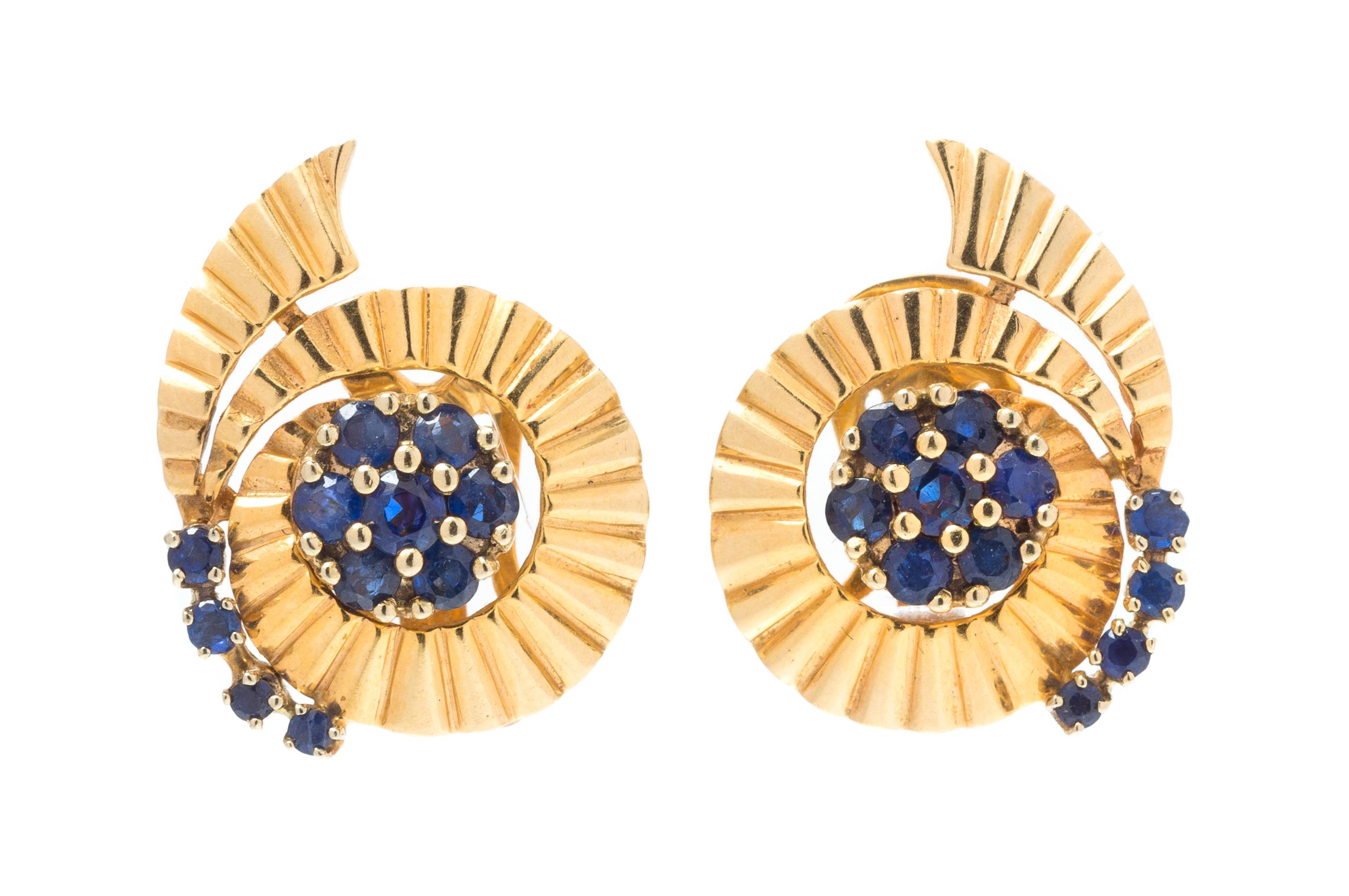 A Pair of Retro Yellow Gold and Sapphire Spiral Ear Clips 5.60 dwts.
