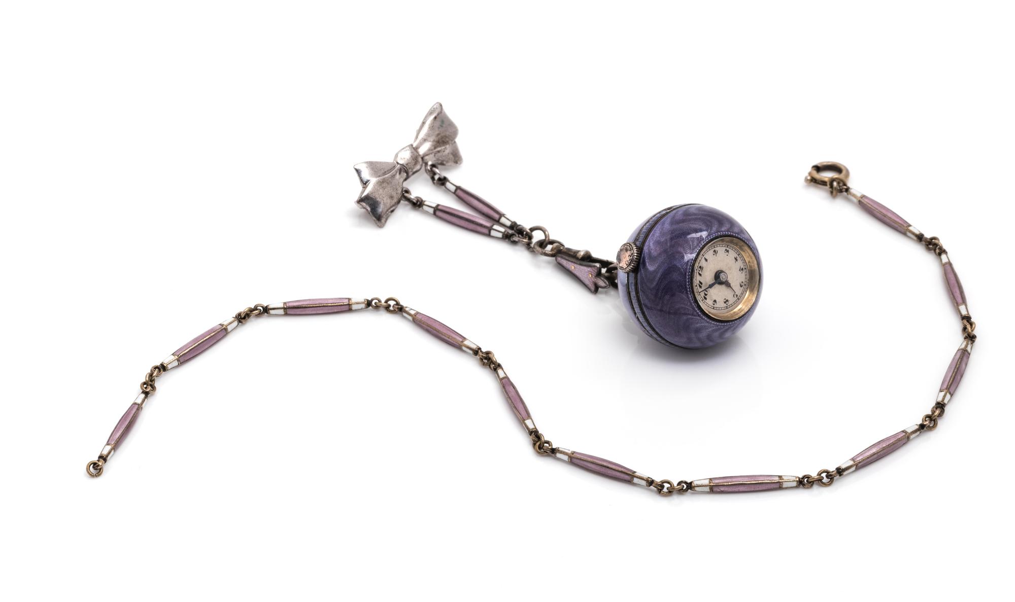 POLYCHROME ENAMEL BOULE LAPEL WATCH AND CHAIN