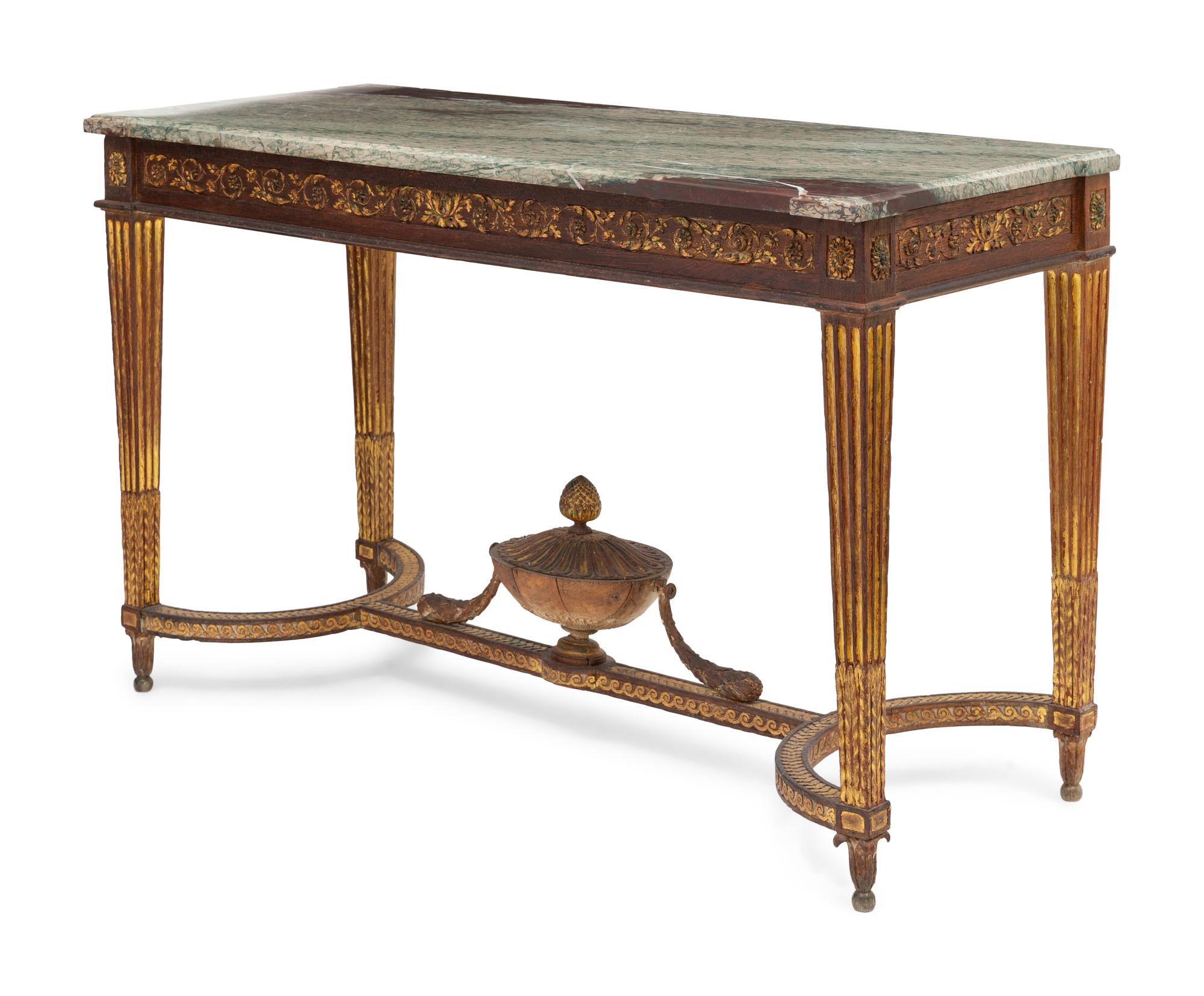 A Louis XVI Style Parcel-Gilt Oak and Marble Top Console Table