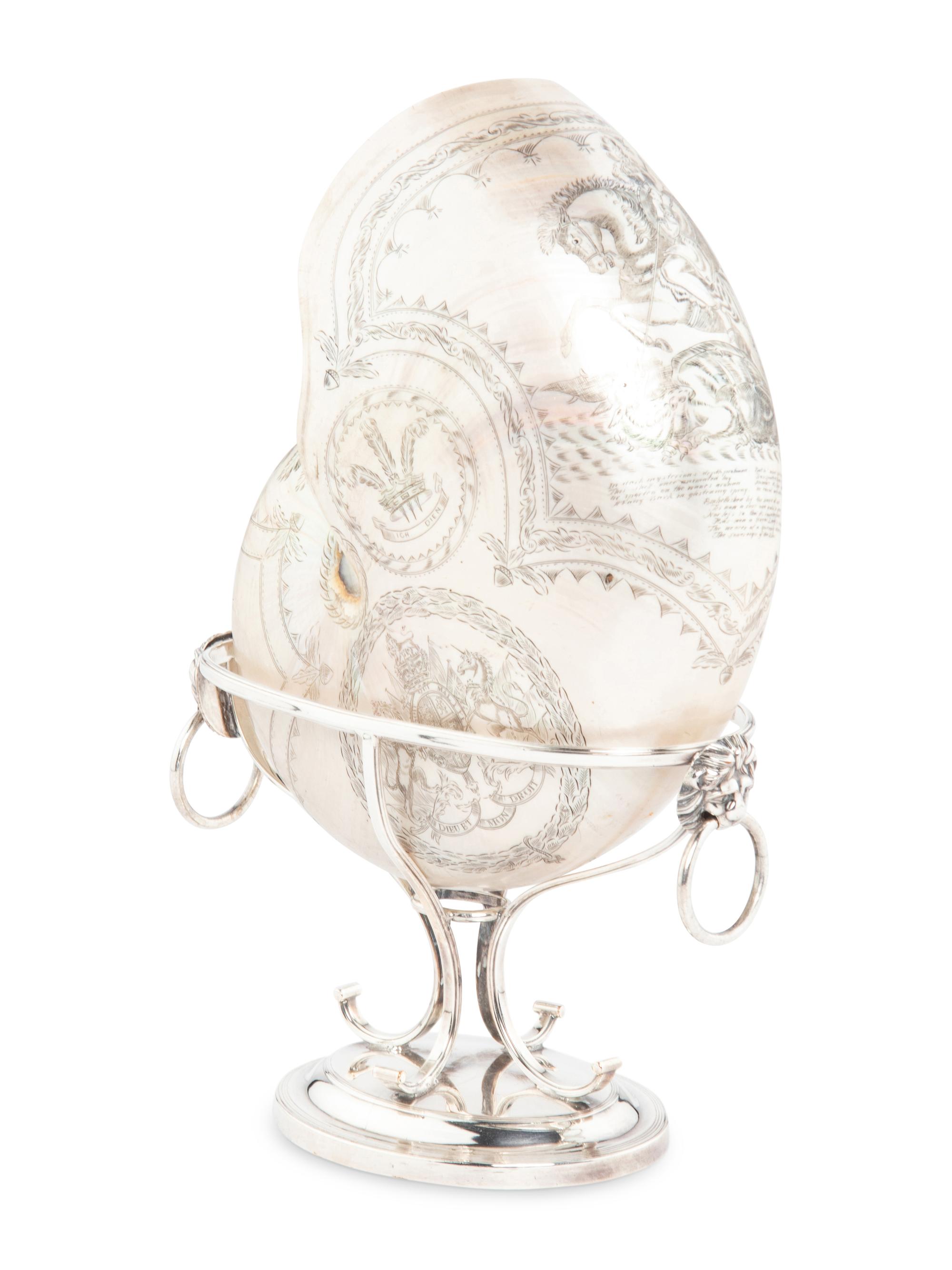 A Finely Decorated English Scrimshaw Nautilus Shell