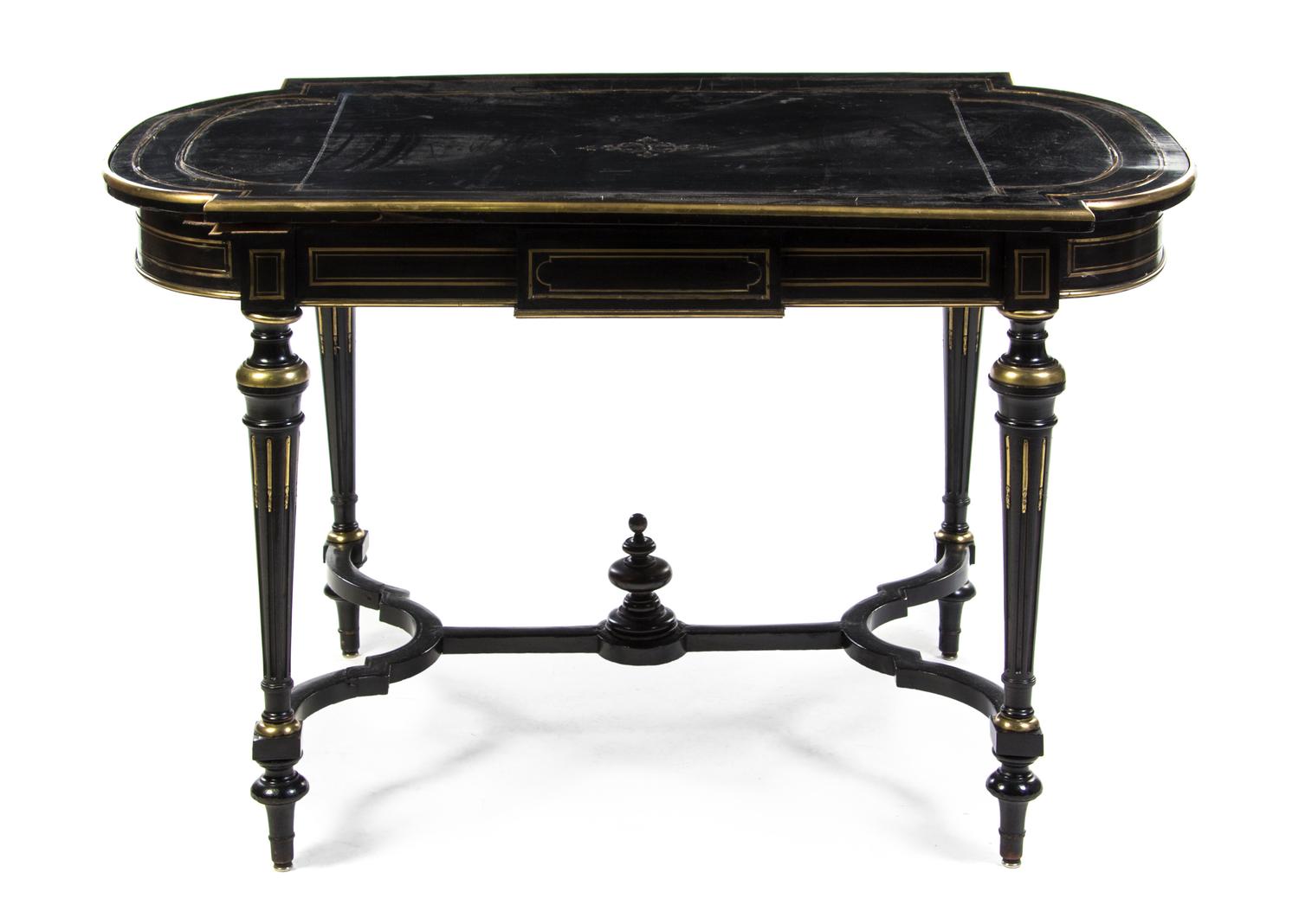 A Napoleon III Ebonized and Brass Inset Table a Milieu, Height 30 x width 51 x depth 29 1/2 inches.
