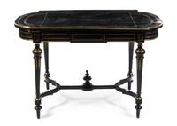 A Napoleon III Ebonized and Brass Inset Table a Milieu, Height 30 x width 51 x depth 29 1/2 inches.