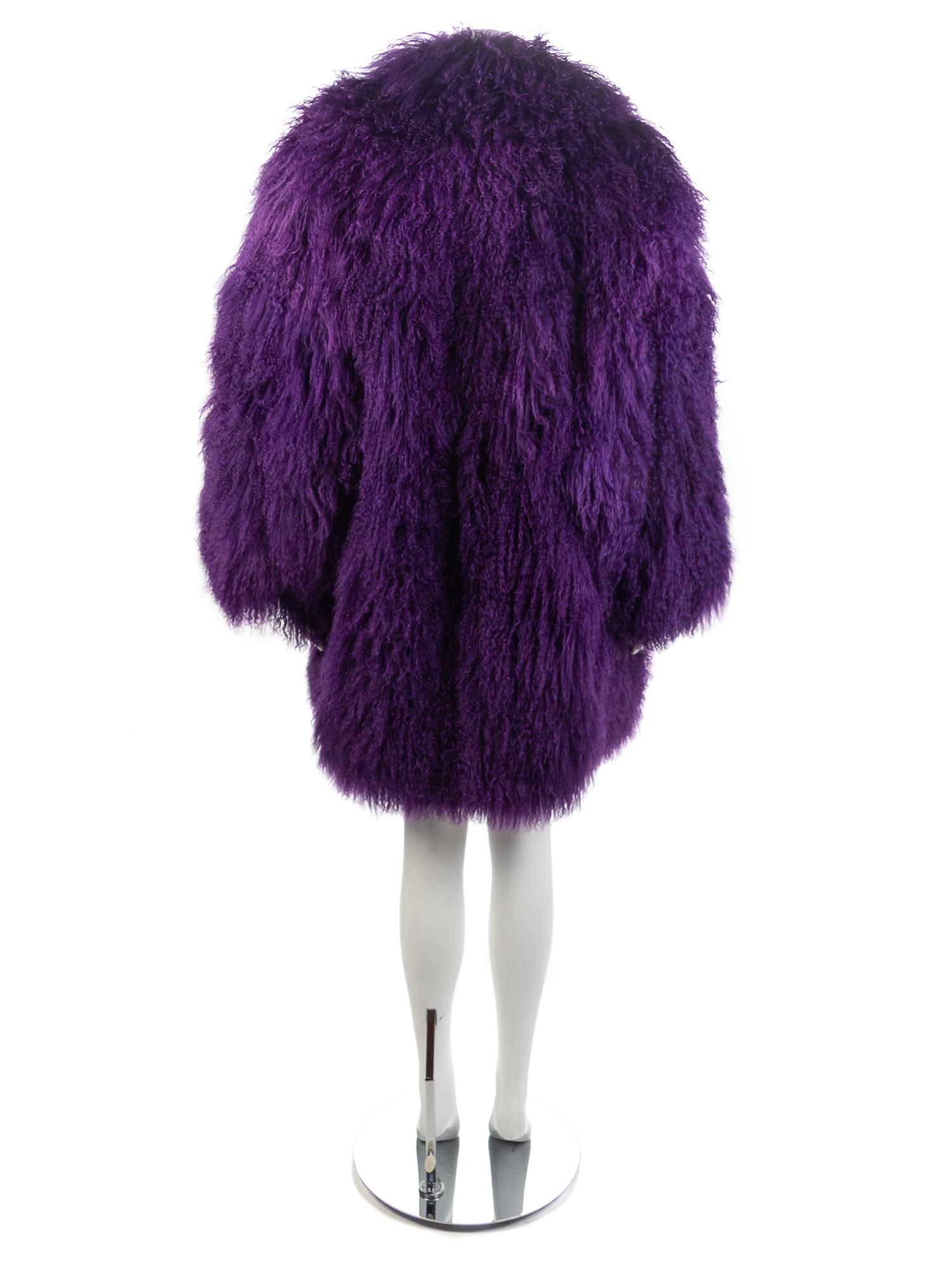 I. Magnin Purple Mongolian Fur Coat, 1980s
