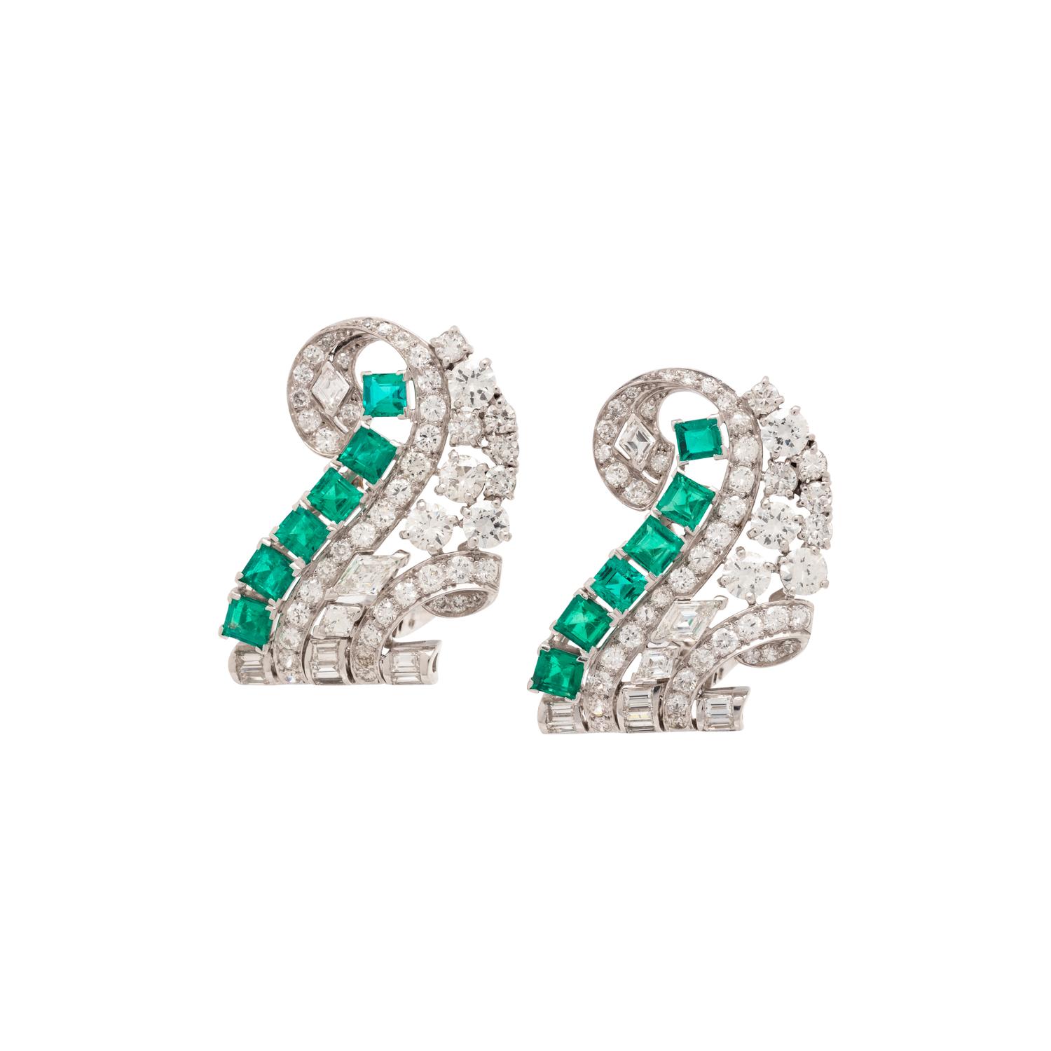 VINTAGE, EMERALD AND DIAMOND EARCLIPS