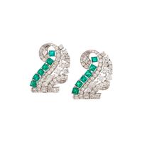 VINTAGE, EMERALD AND DIAMOND EARCLIPS