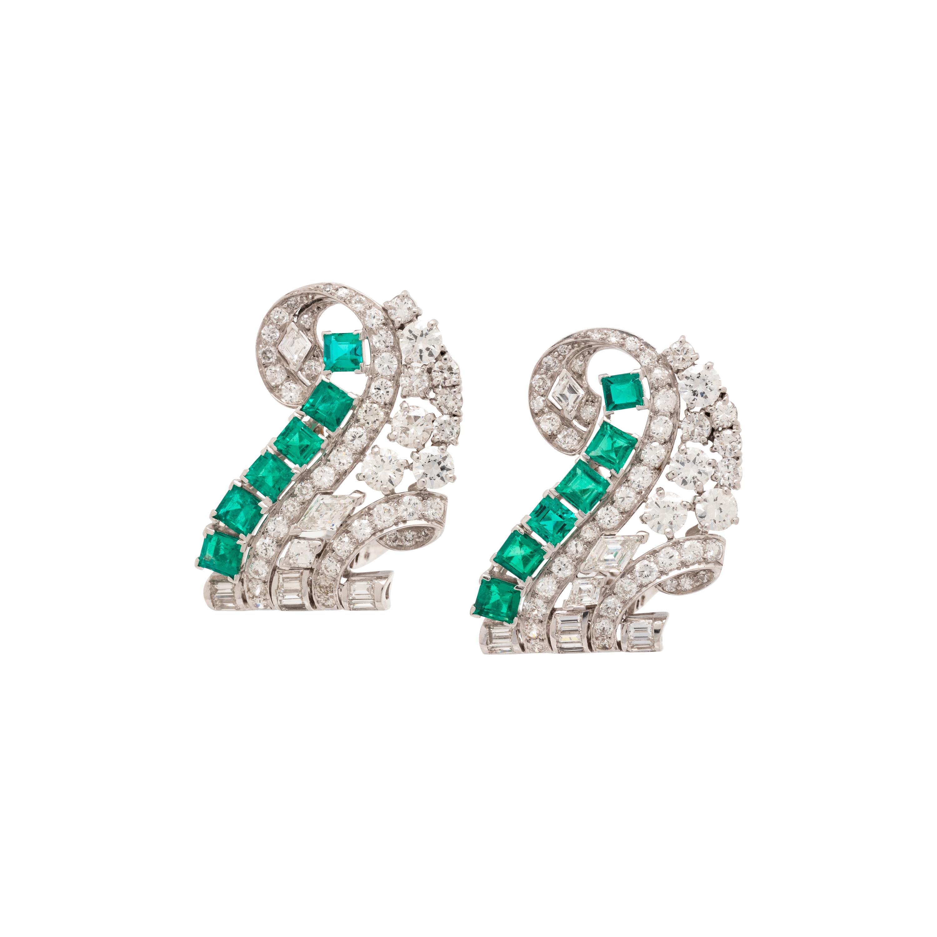 VINTAGE, EMERALD AND DIAMOND EARCLIPS