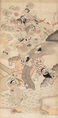 A Chinese Four-Fold Kesi Woven Silk Inset Hardwood Floor Screen, Late Qing/Republic Period 晚清/民國 紅木嵌緙絲人物故事圖四條屏