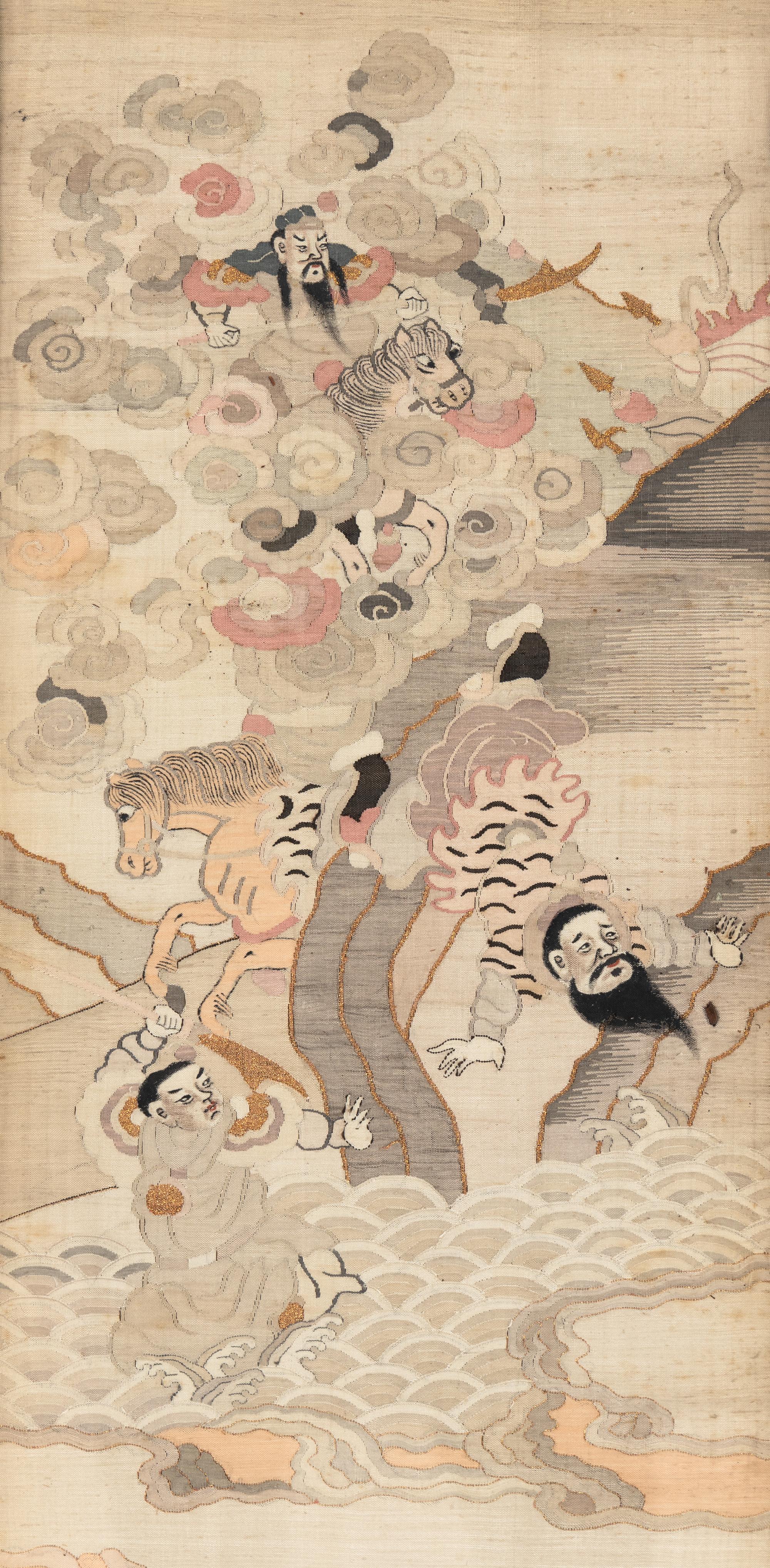 A Chinese Four-Fold Kesi Woven Silk Inset Hardwood Floor Screen, Late Qing/Republic Period 晚清/民國 紅木嵌緙絲人物故事圖四條屏