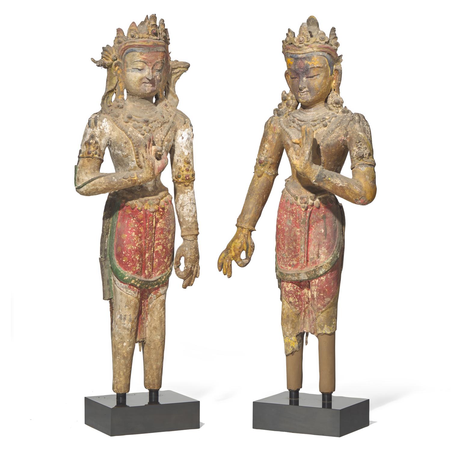 A Pair of Tibetan Painted and Parcel Gilt Wood Figures of Bodhisattvas, 19th Century — 十九世紀 巨型木雕彩繪藏傳佛教菩薩像一對