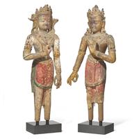 A Pair of Tibetan Painted and Parcel Gilt Wood Figures of Bodhisattvas, 19th Century — 十九世紀 巨型木雕彩繪藏傳佛教菩薩像一對