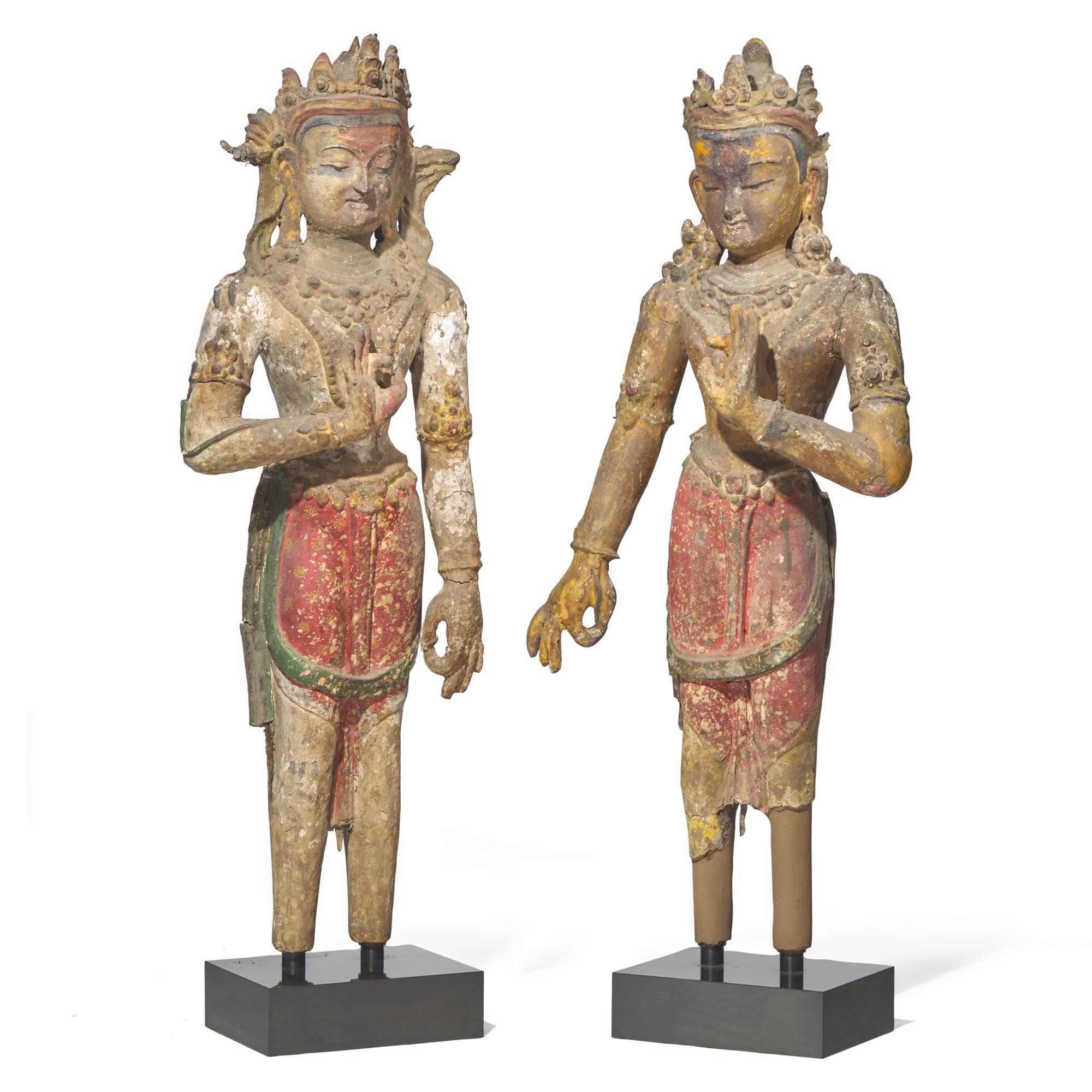 A Pair of Tibetan Painted and Parcel Gilt Wood Figures of Bodhisattvas, 19th Century — 十九世紀 巨型木雕彩繪藏傳佛教菩薩像一對