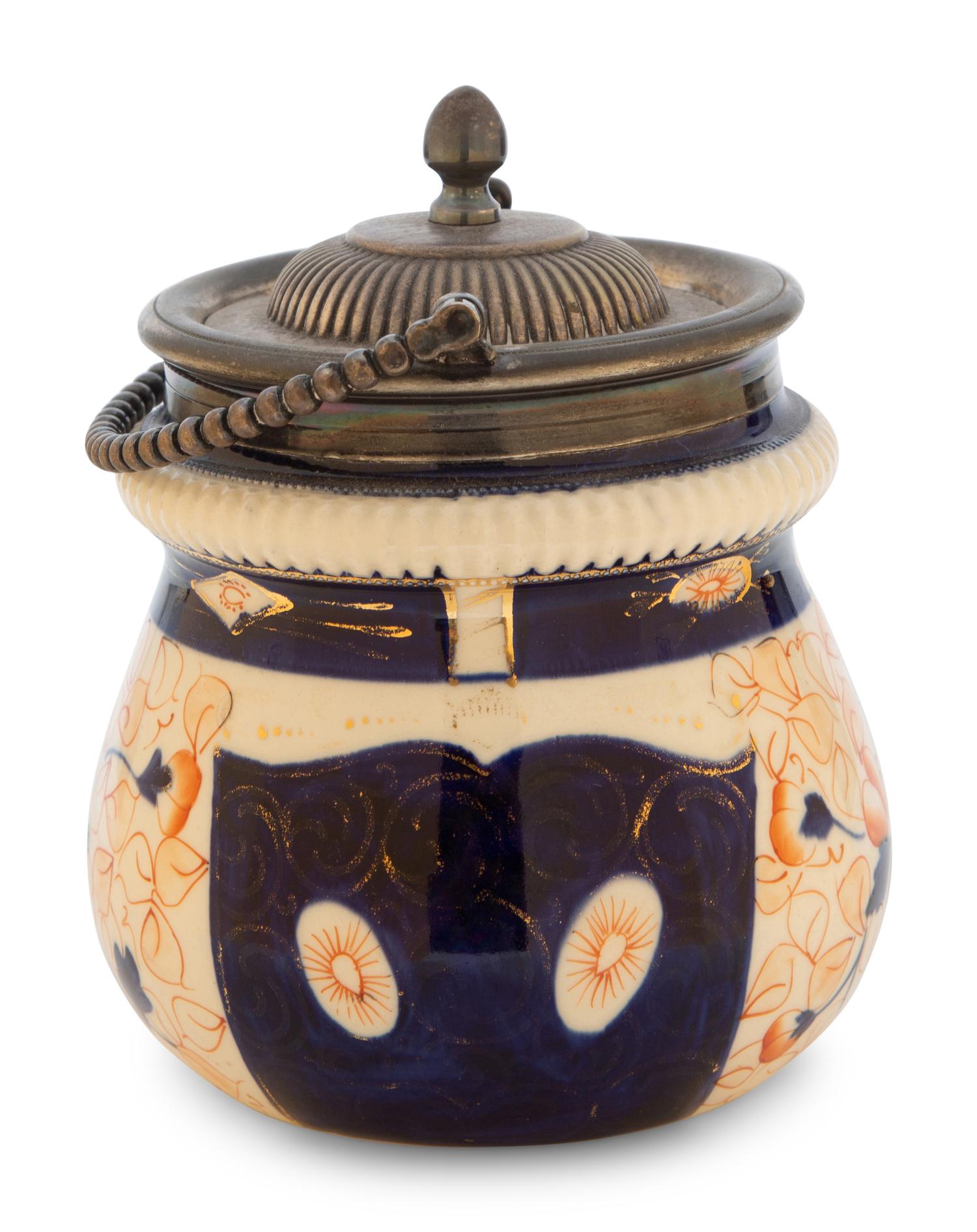 A Royal Crown Derby Porcelain Silver Plate Mounted Biscuit Jar — 19TH CENTURY