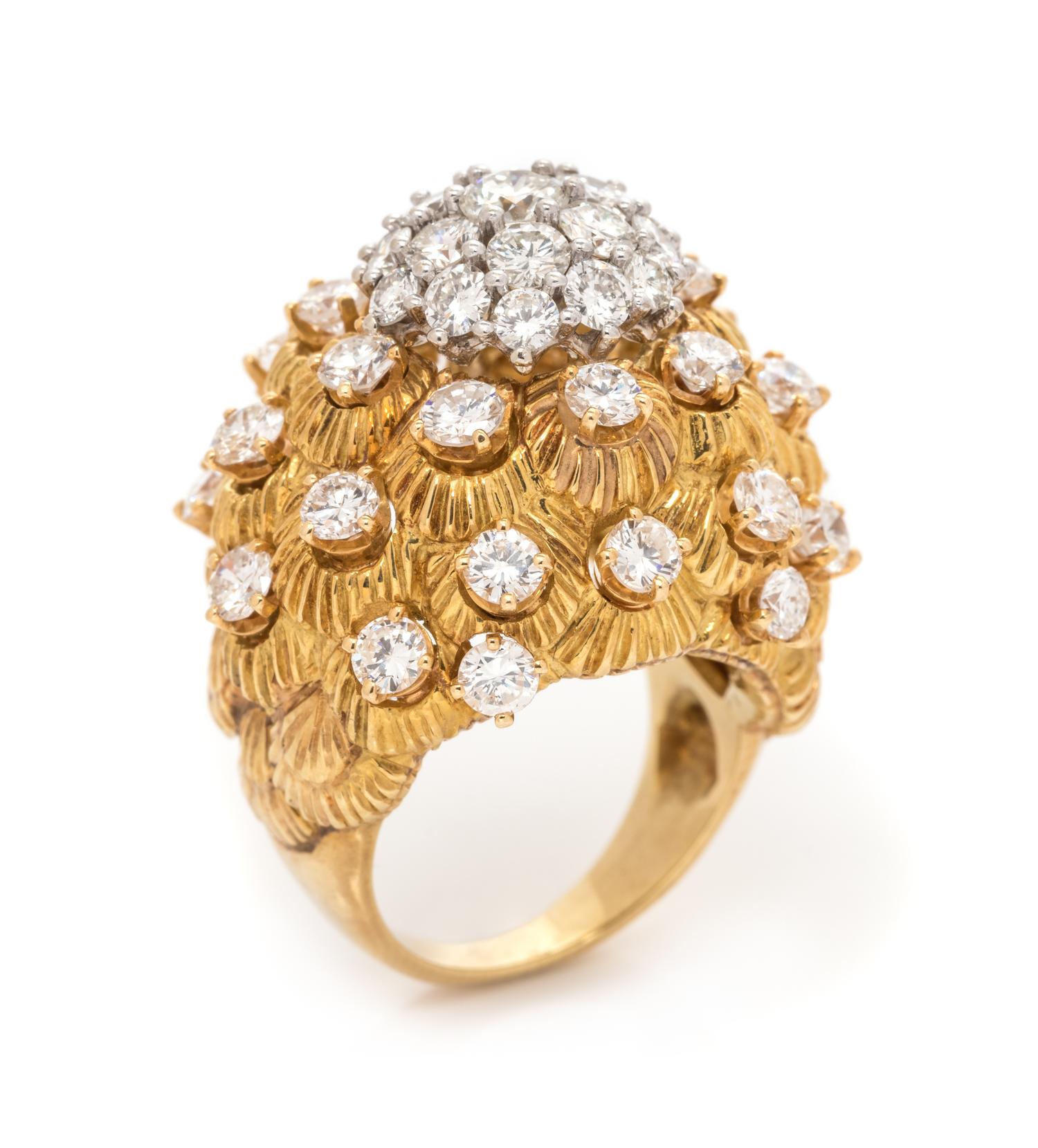 A Bicolor Gold and Diamond Bombe Ring, 12.90 dwts.