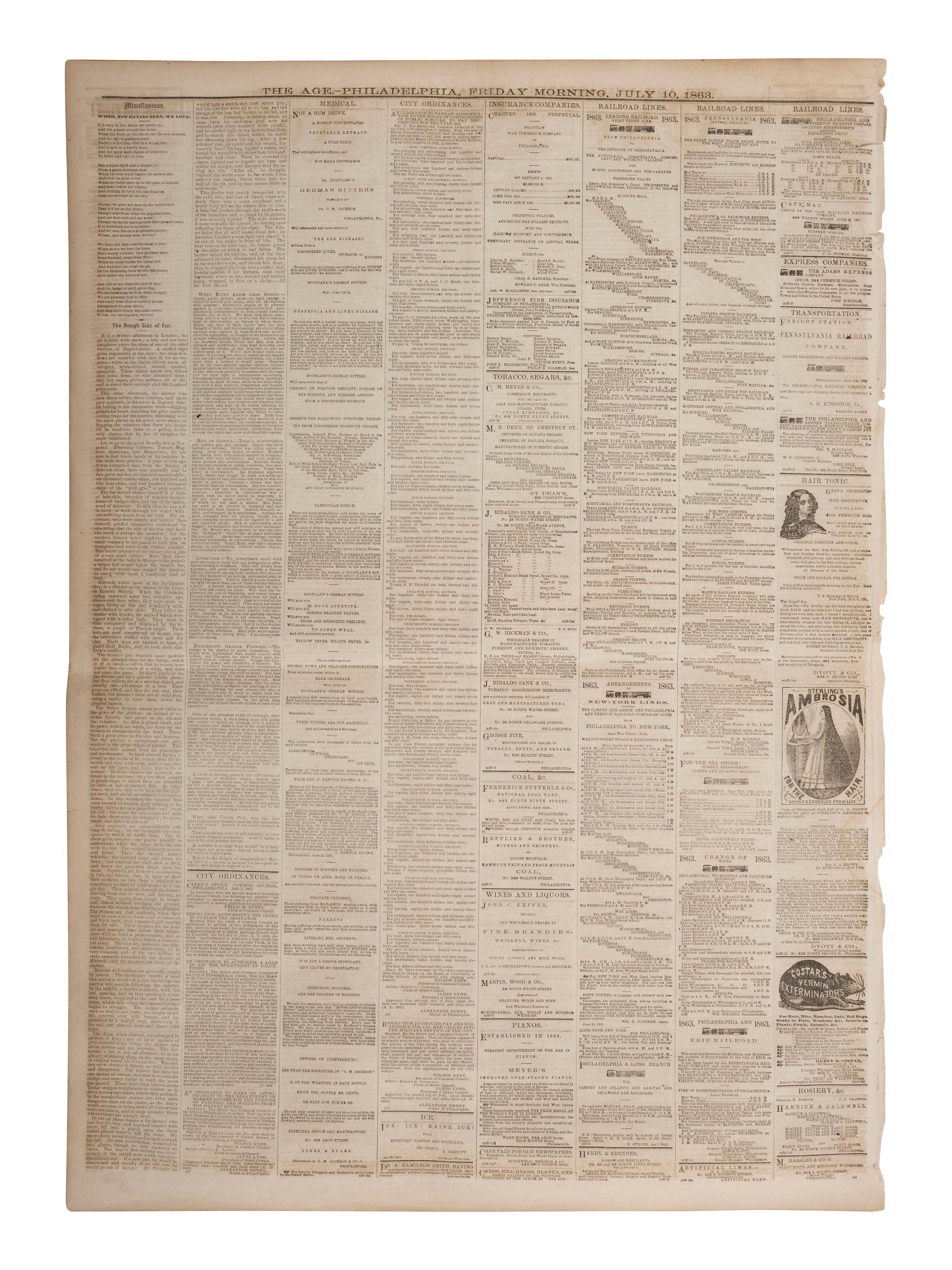[CIVIL WAR - GETTYSBURG]. The Daily Age . Vol. 1, No. 91. Philadelphia, PA: A.J. Glossbrenner & Co., 10 July 1863. Featuring full account of the Battle of Gettysburg.