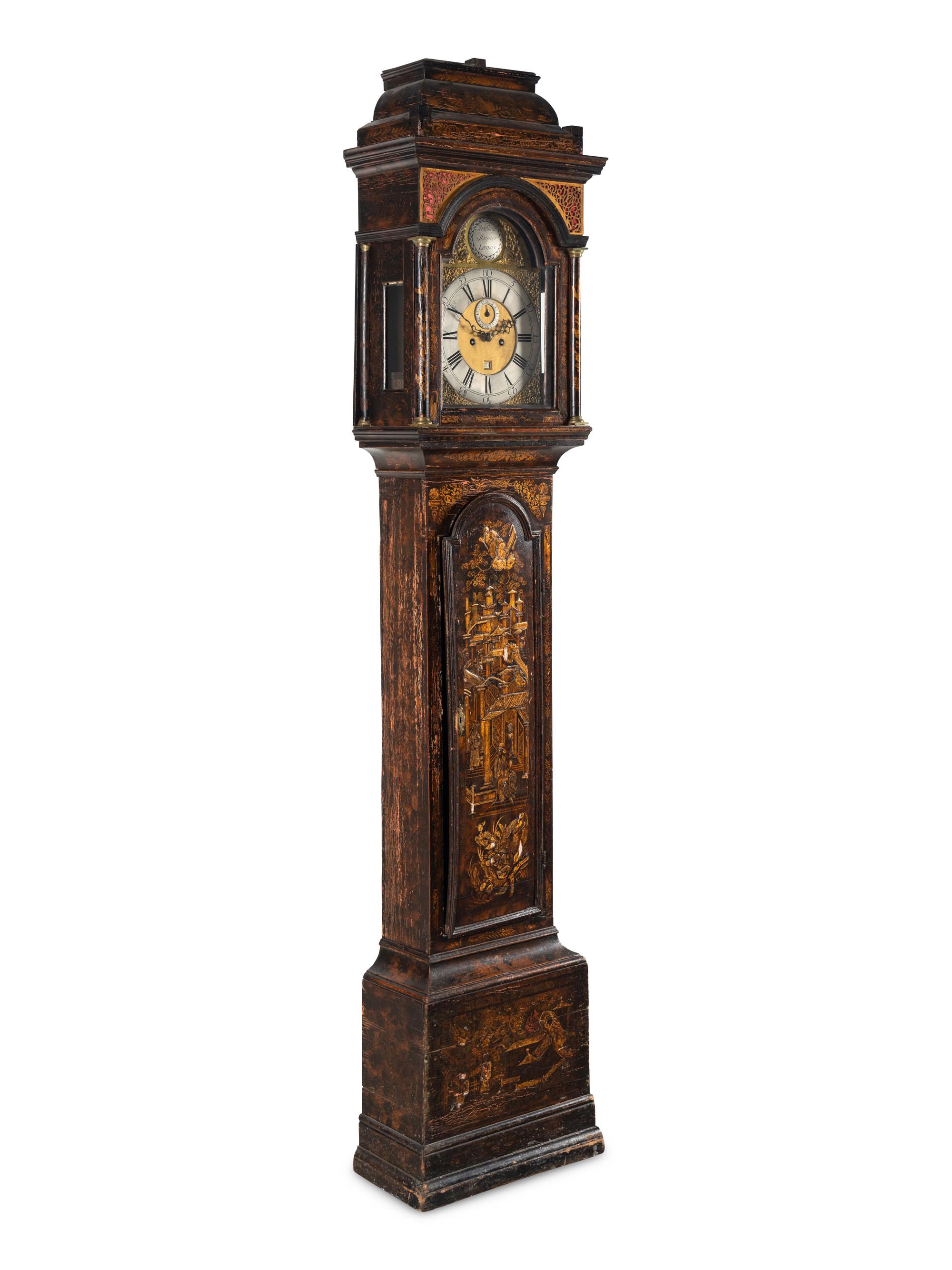 A George I Black and Gilt-Japanned Oak Tall Case Clock