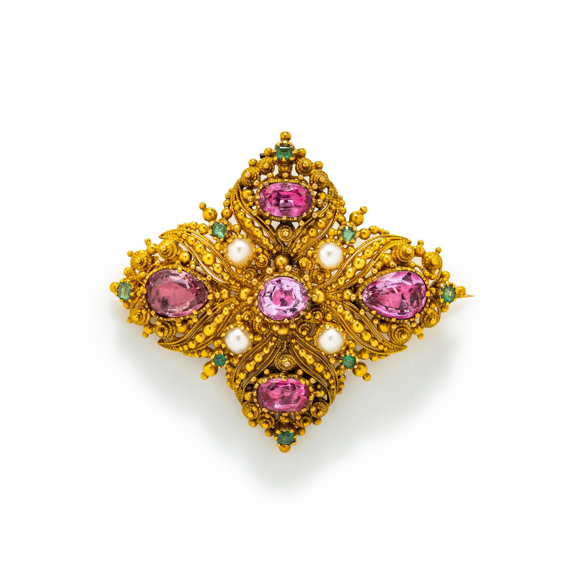 ANTIQUE, YELLOW GOLD AND MULTIGEM BROOCH