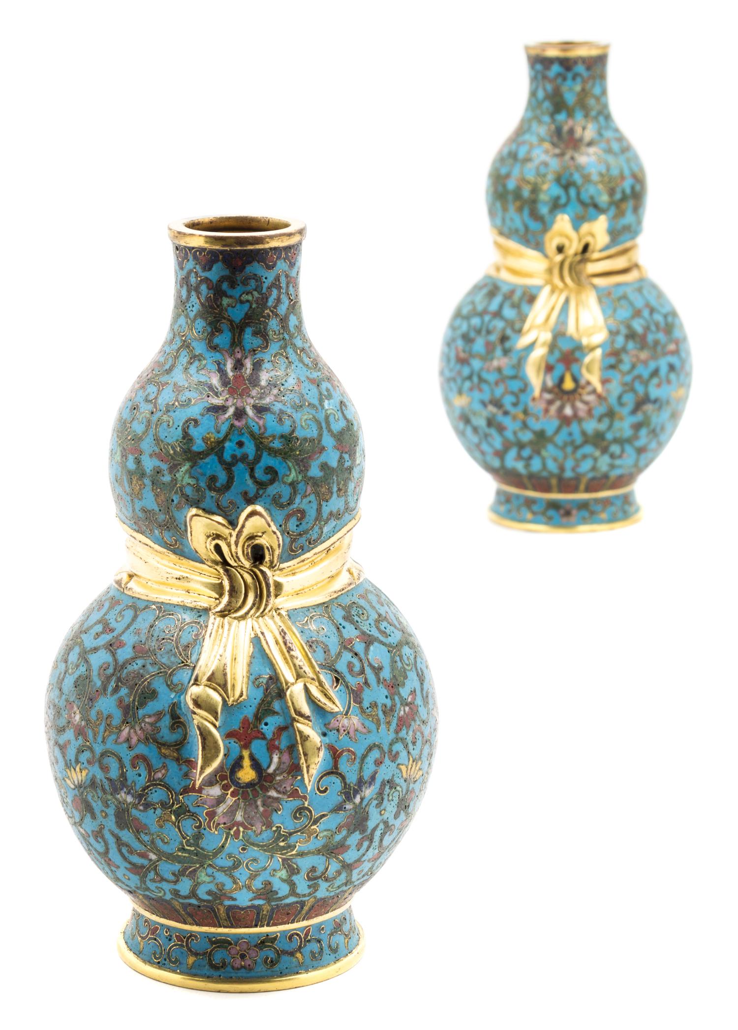 A Pair of Cloisonne Enamel Double-Gourd Vases Height of pair 7 inches.