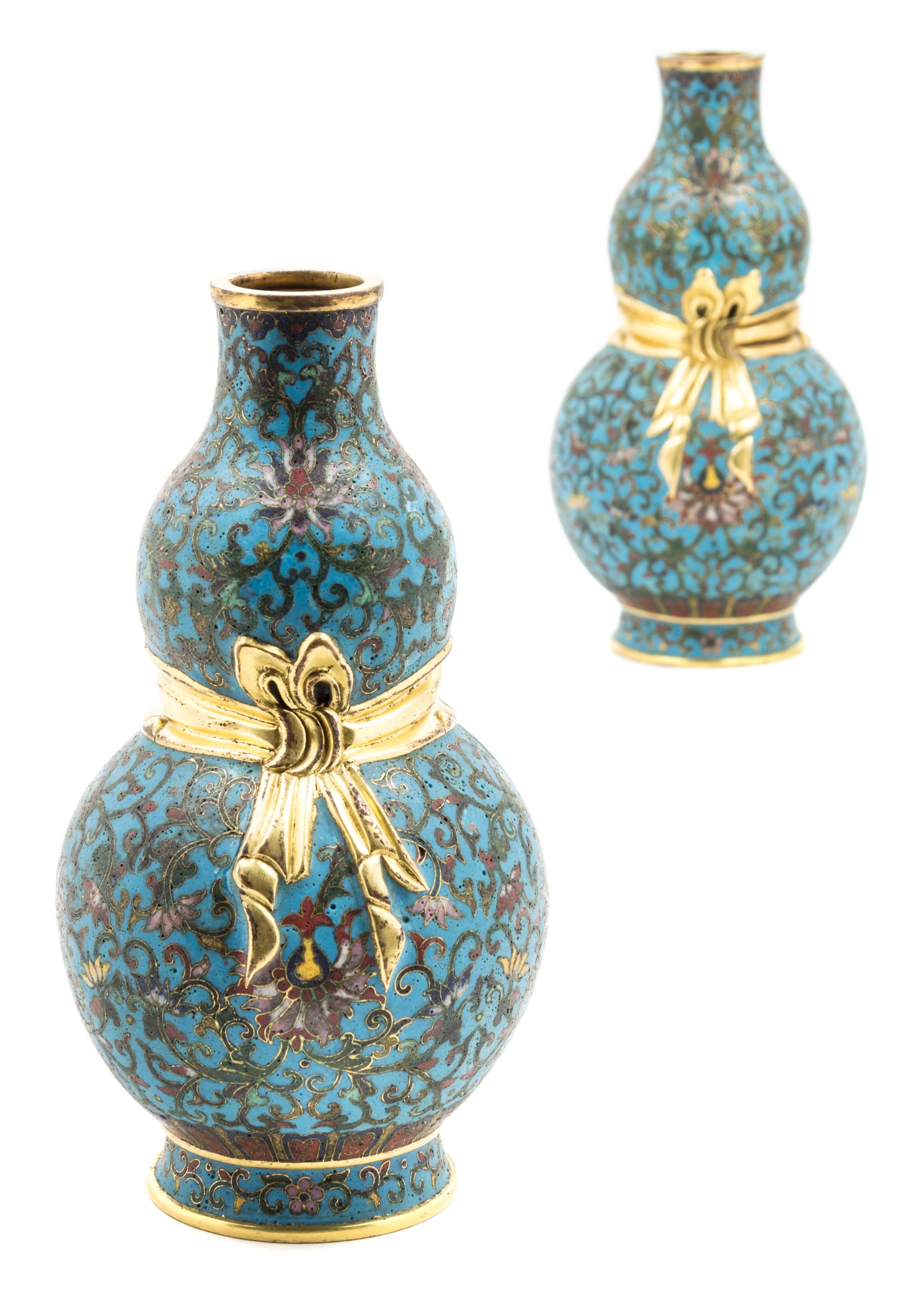 A Pair of Cloisonne Enamel Double-Gourd Vases Height of pair 7 inches.