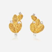 A Pair of 18K Yellow Gold and Diamond Ear Clips