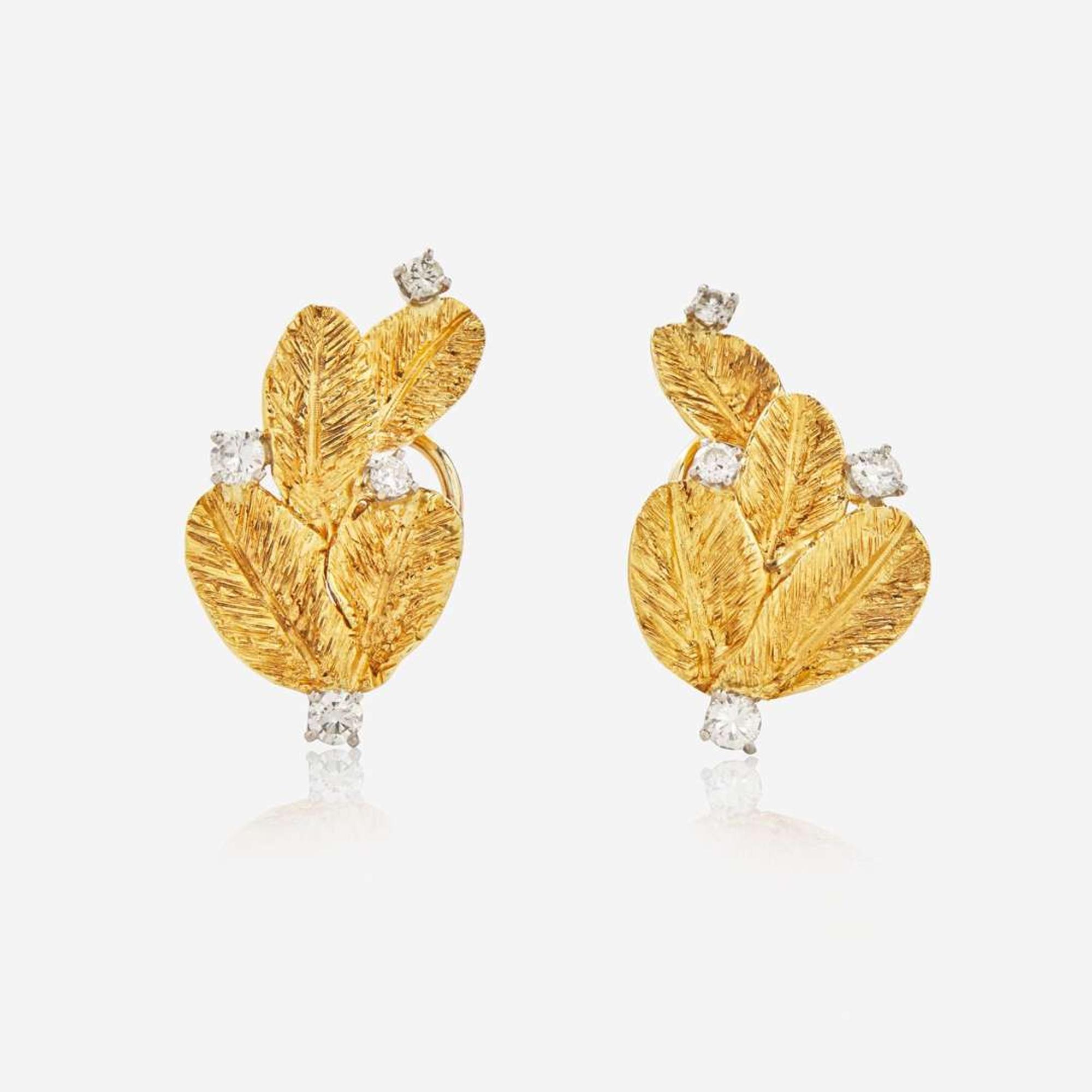 A Pair of 18K Yellow Gold and Diamond Ear Clips