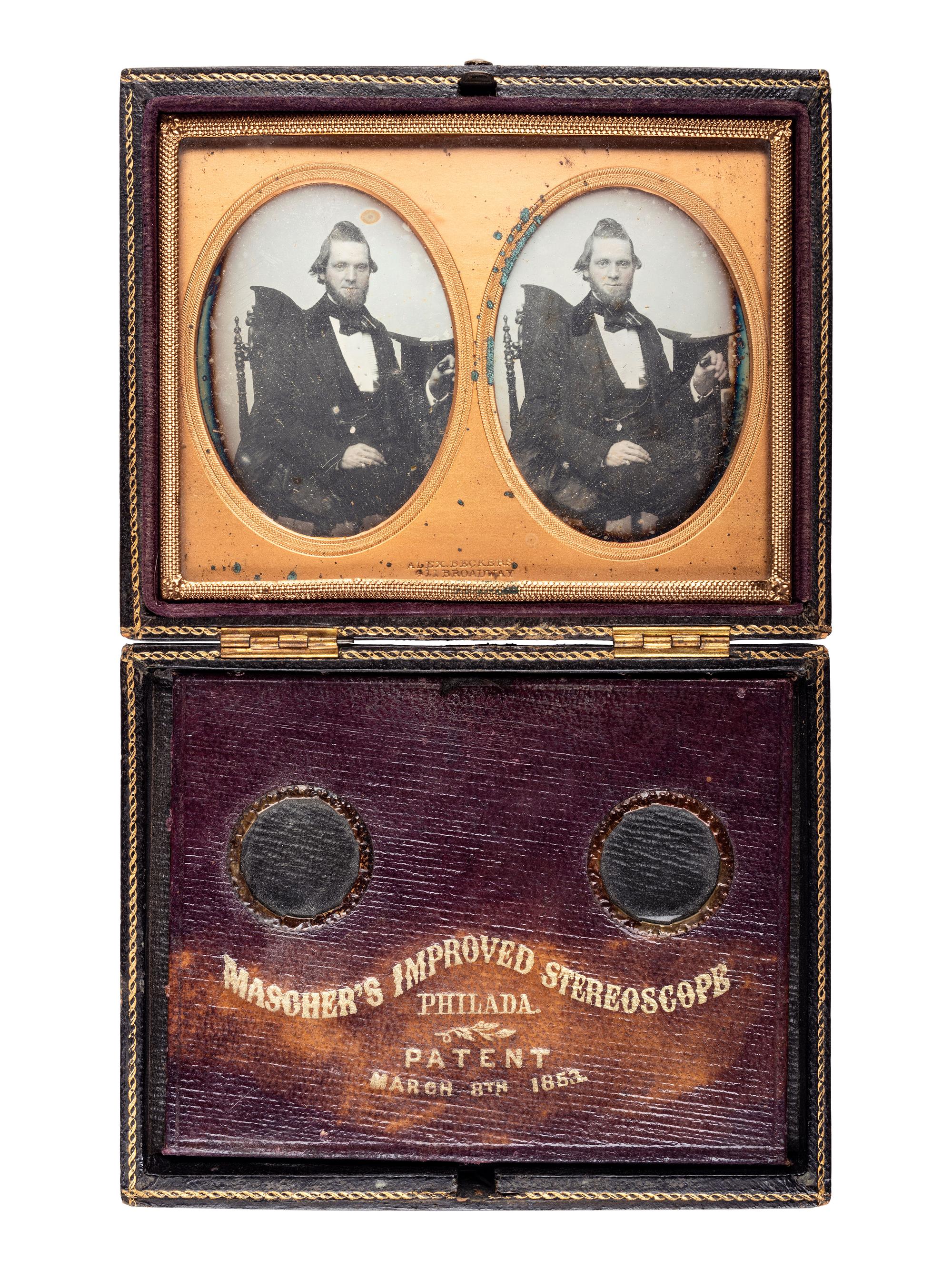[EARLY PHOTOGRAPHY]. BECKERS, Alexander (active 1842-1869), photographer. A stereodaguerreotype of "Great Uncle Joe Rogers" housed in a Mascher case. New York, NY: ca 1857.