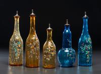Five Paint and Enamel Decorated Glass Barber Bottles